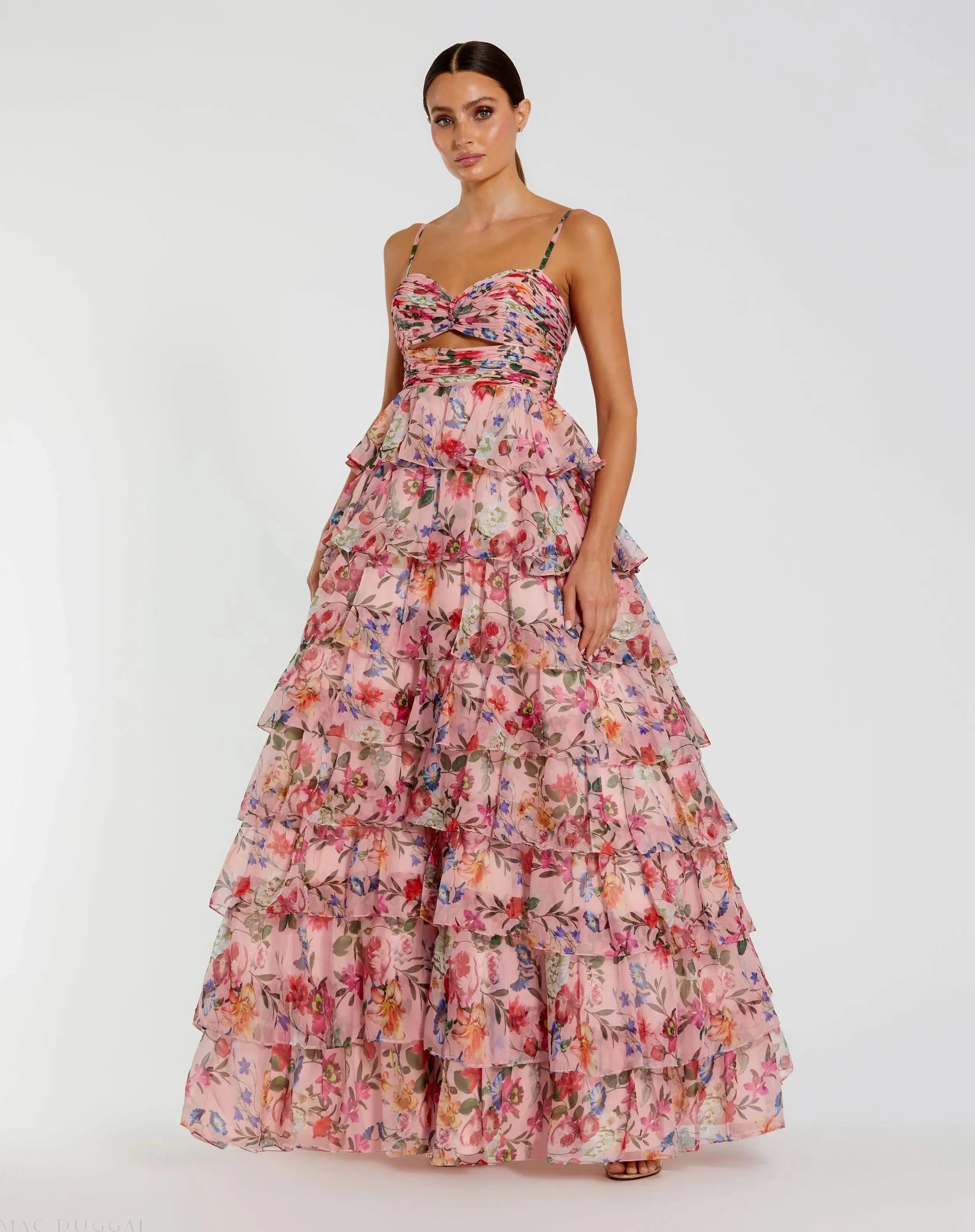 Pink Floral Cut Out Ruffle Tiered Gown-Myartka
