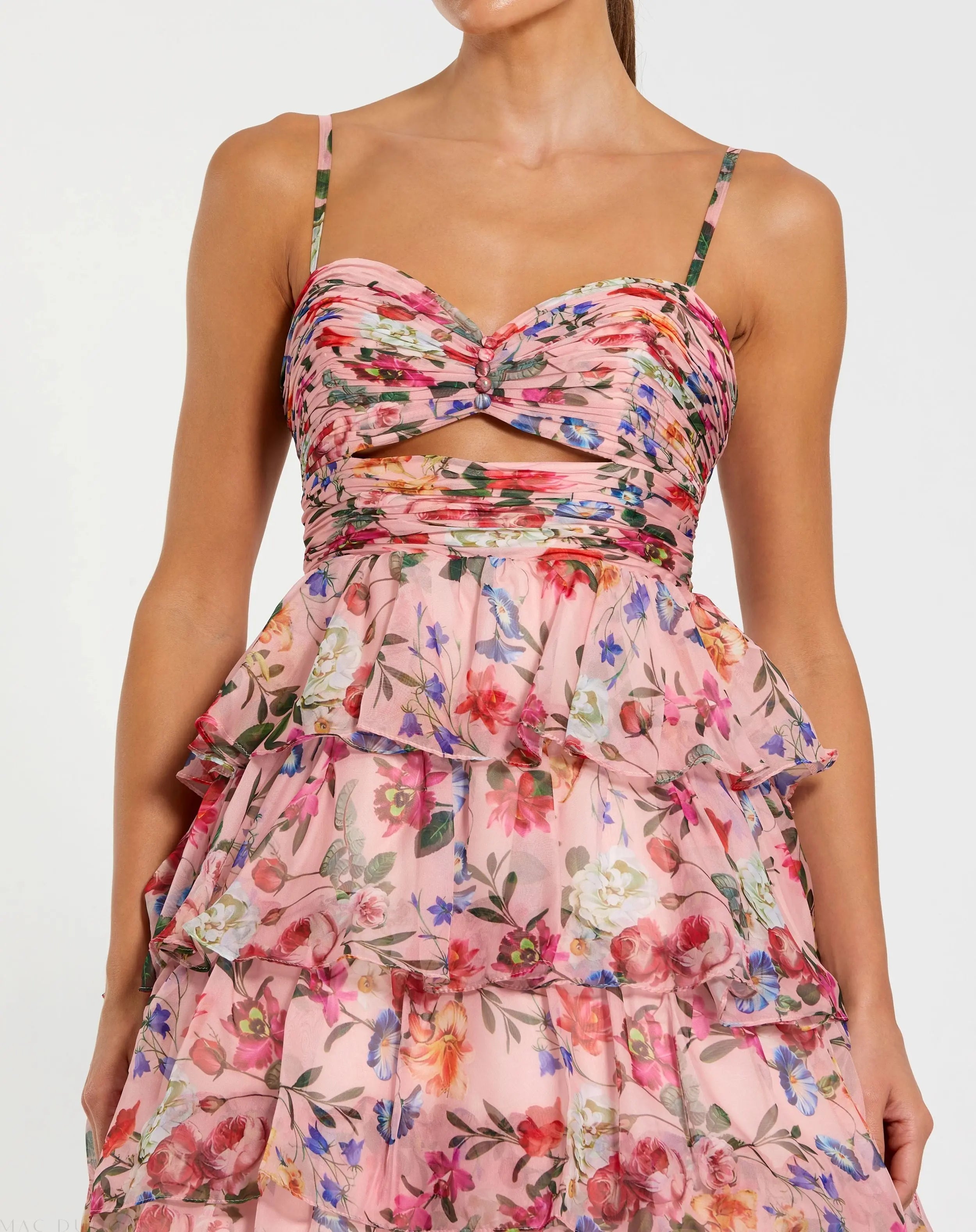 Pink Floral Cut Out Ruffle Tiered Gown-Myartka