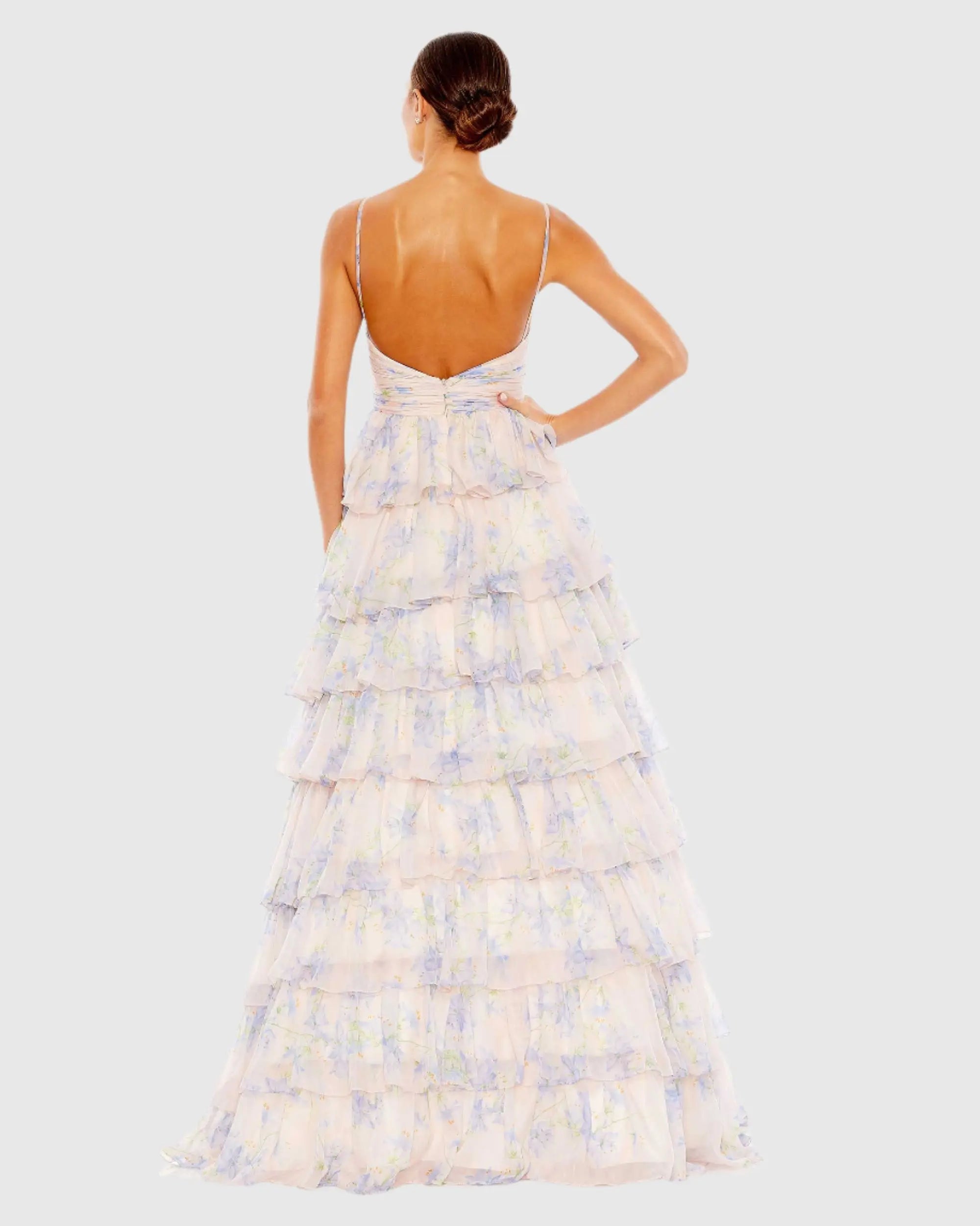 Purple Floral Cut Out Ruffle Layered Gown-Myartka