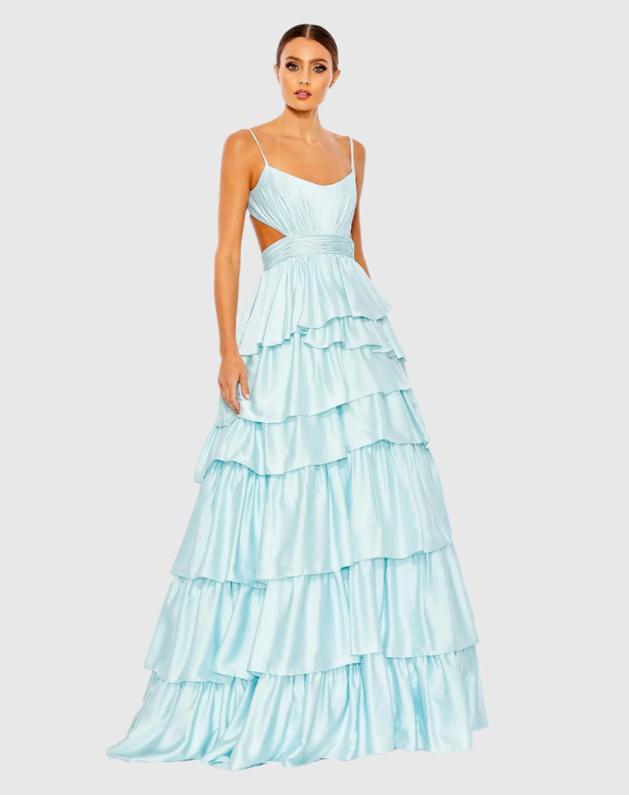Blue Ruffle Tiered Cut Out Sleeveless Ballgown-Myartka