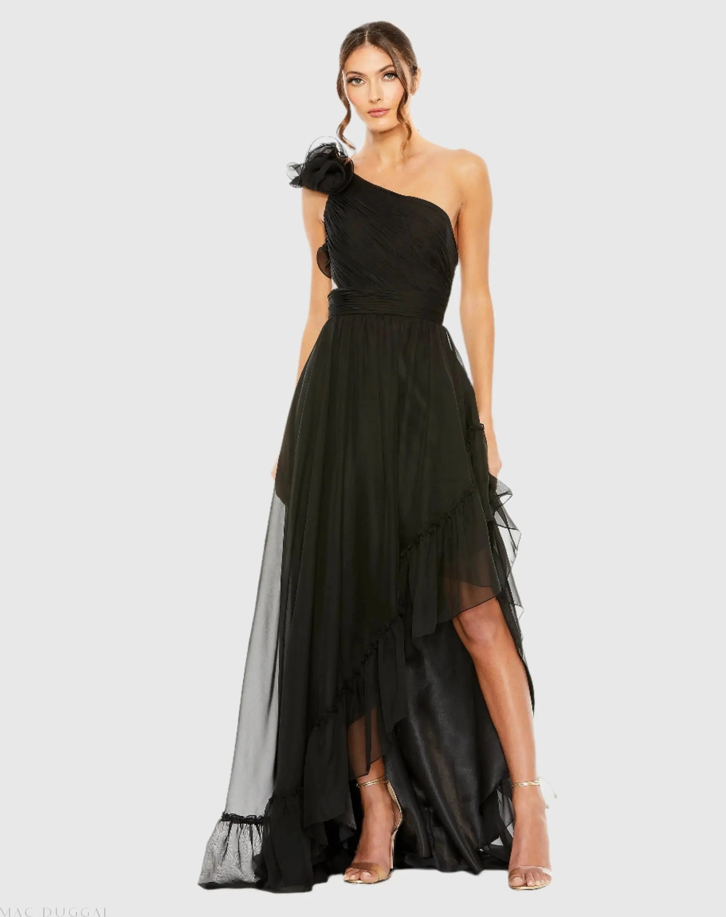 Black Ruffled One Shoulder Asymmetrical Gown-Myartka