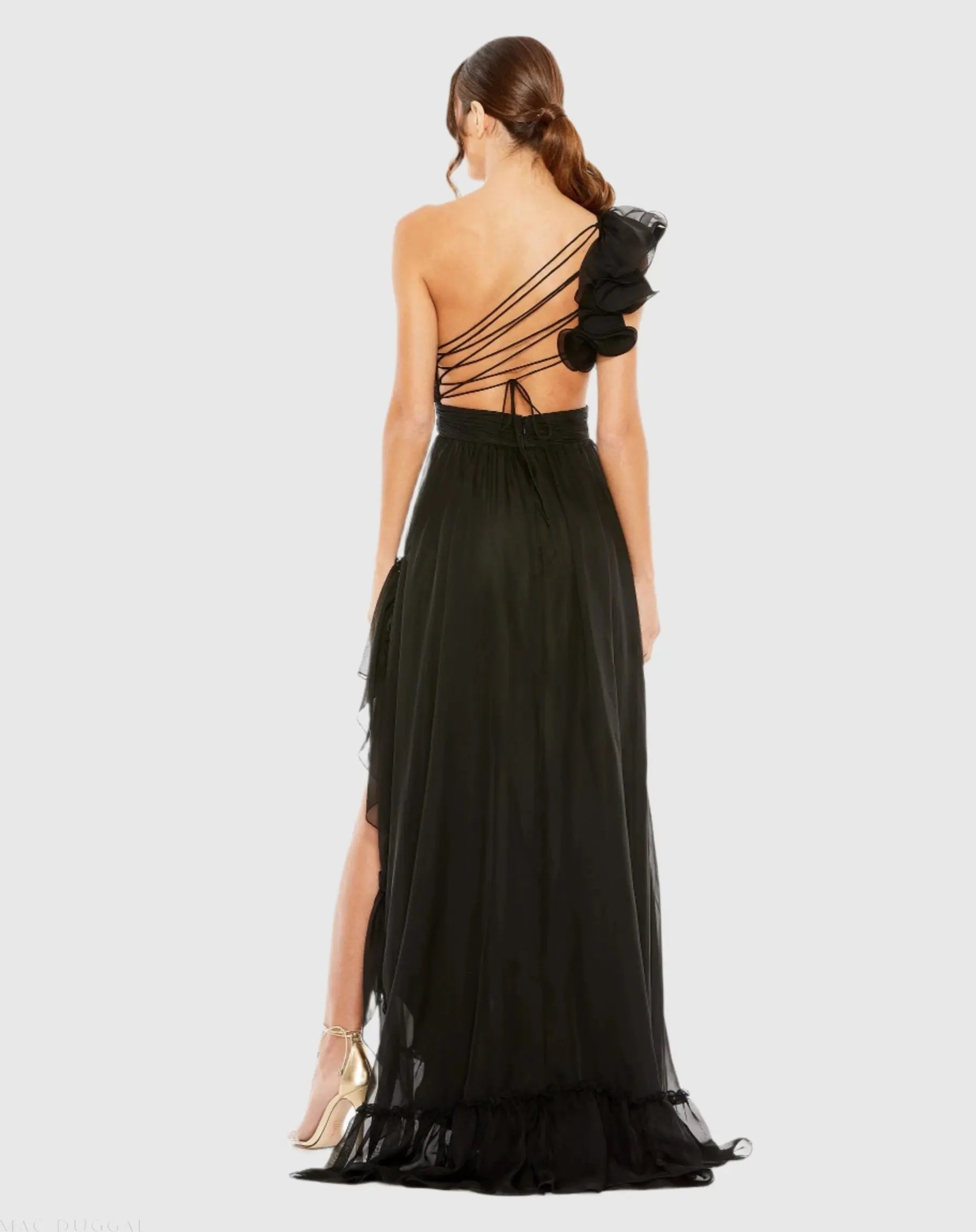 Black Ruffled One Shoulder Asymmetrical Gown-Myartka