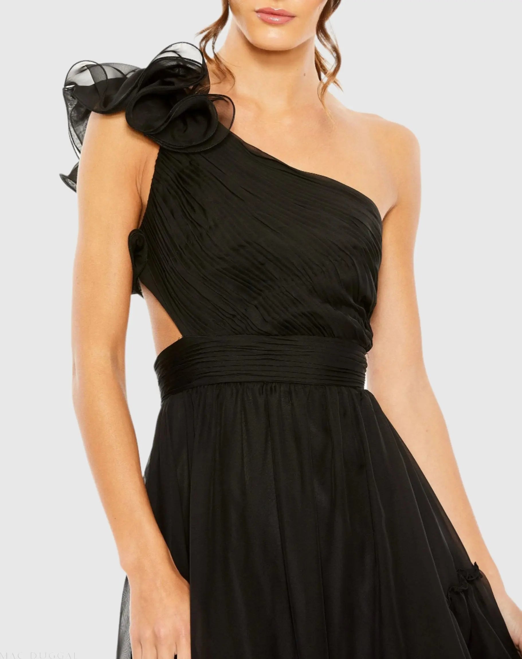 Black Ruffled One Shoulder Asymmetrical Gown-Myartka