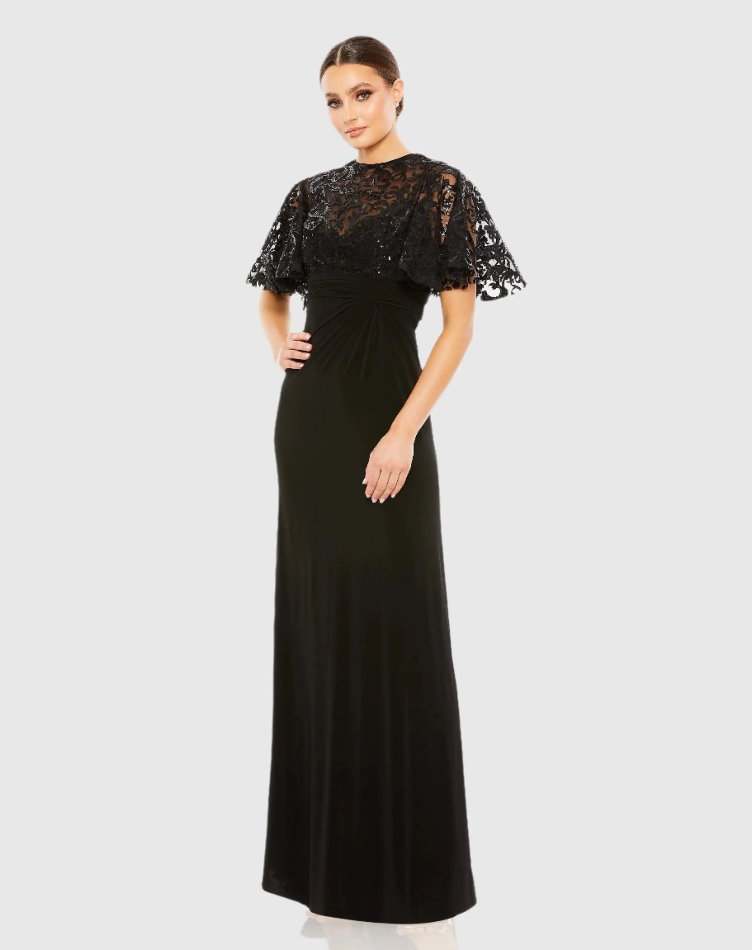 Black Embellished Butterfly Sleeve Gown-Myartka