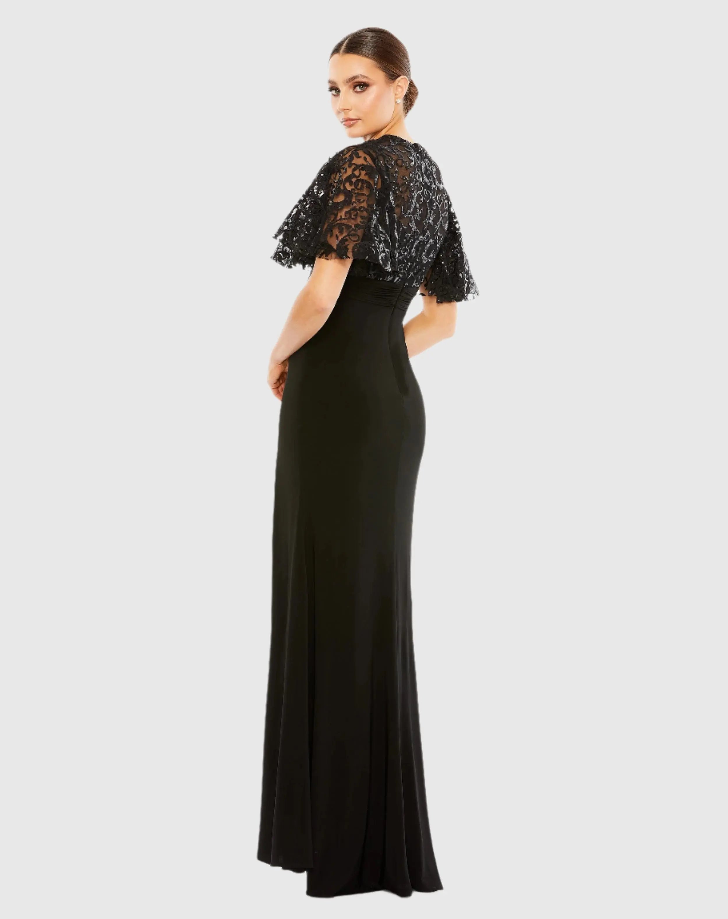 Black Embellished Butterfly Sleeve Gown-Myartka