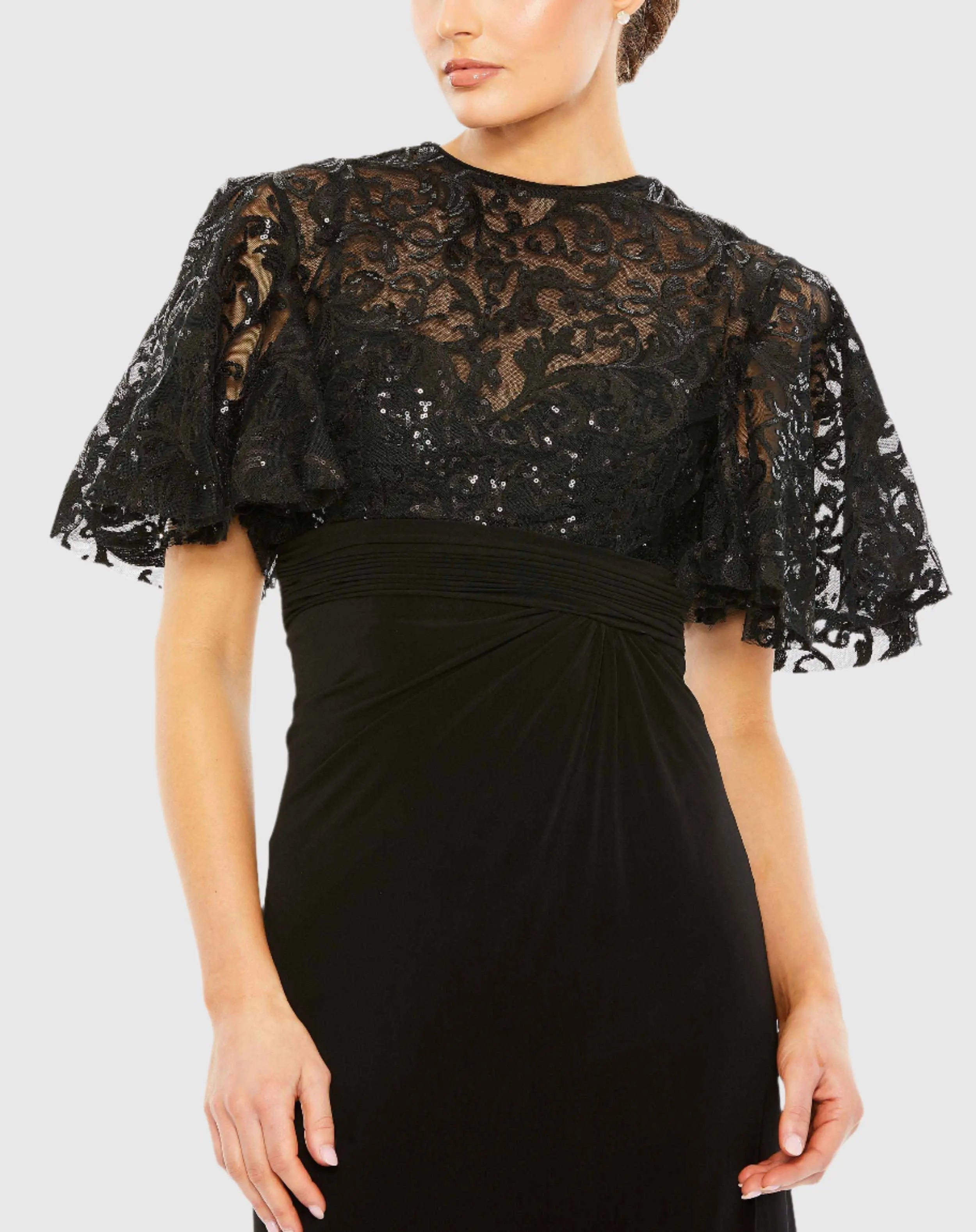 Black Embellished Butterfly Sleeve Gown-Myartka