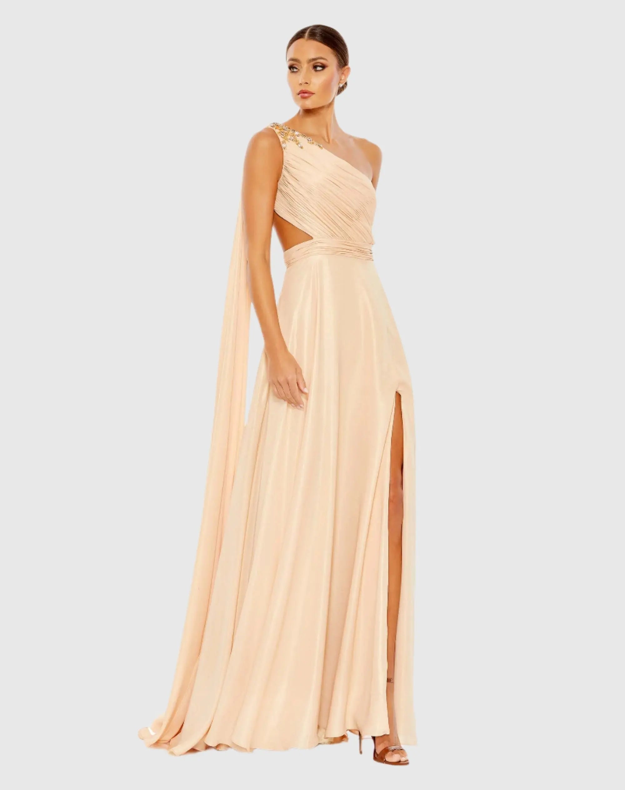 Beige One Shoulder Open Back Flowy Gown-Myartka