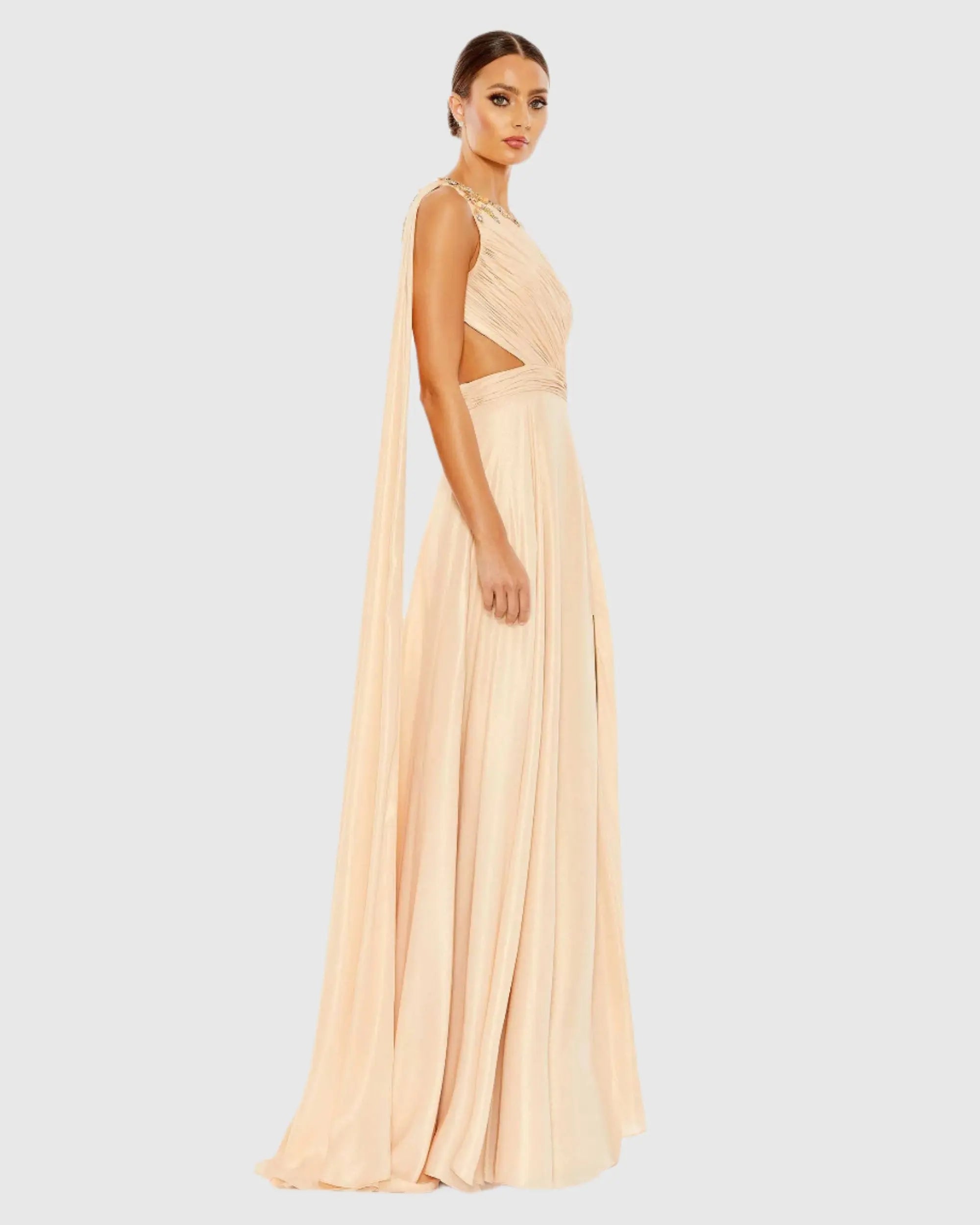 Beige One Shoulder Open Back Flowy Gown-Myartka