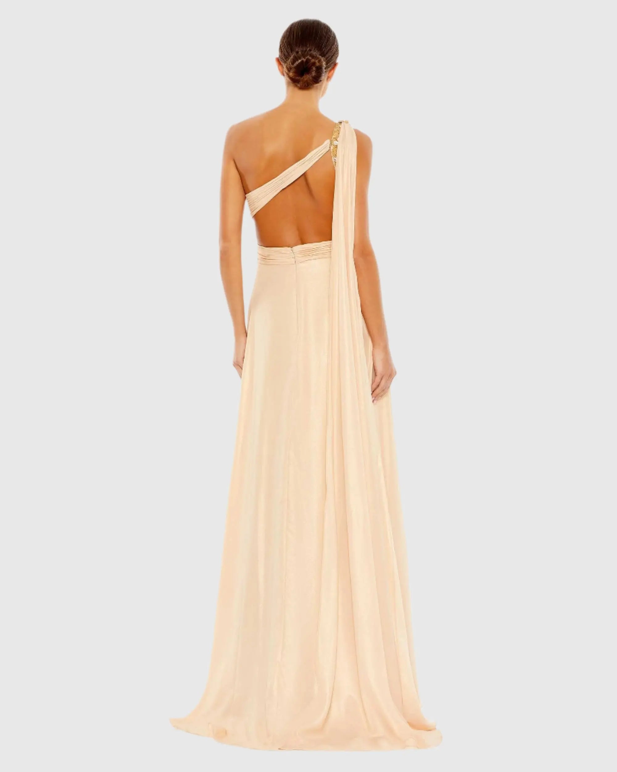 Beige One Shoulder Open Back Flowy Gown-Myartka
