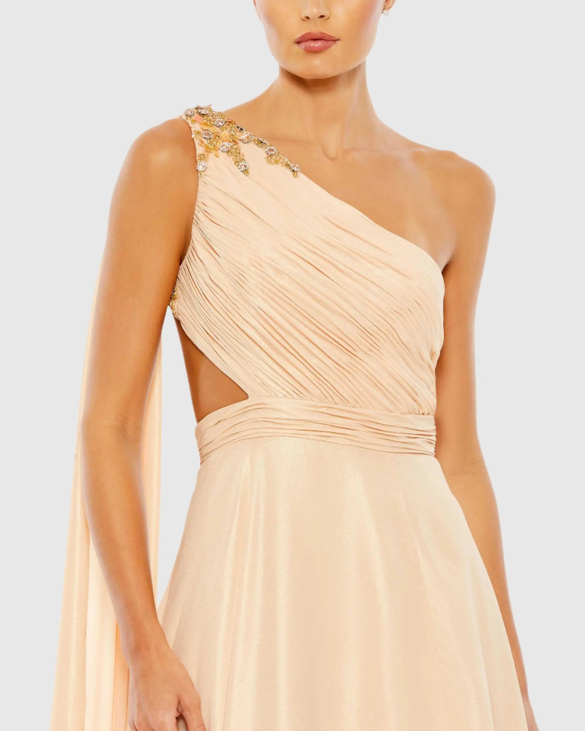 Beige One Shoulder Open Back Flowy Gown-Myartka