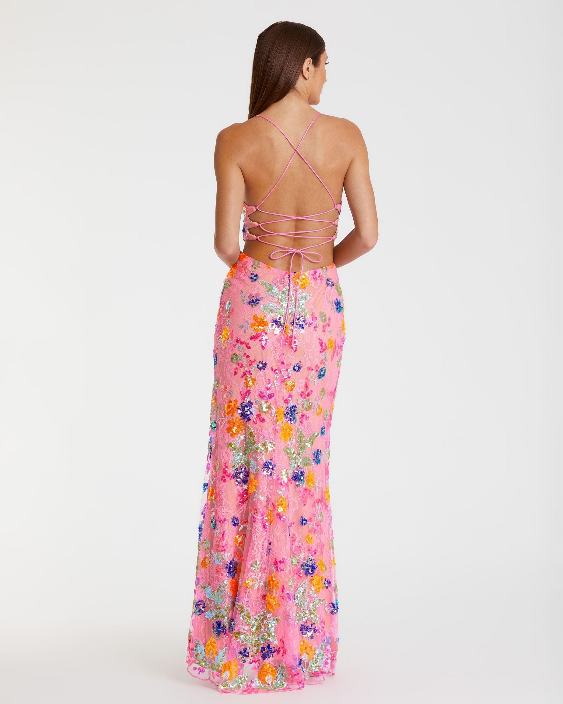 Pink Embellished Lace Strappy Column Gown-Myartka