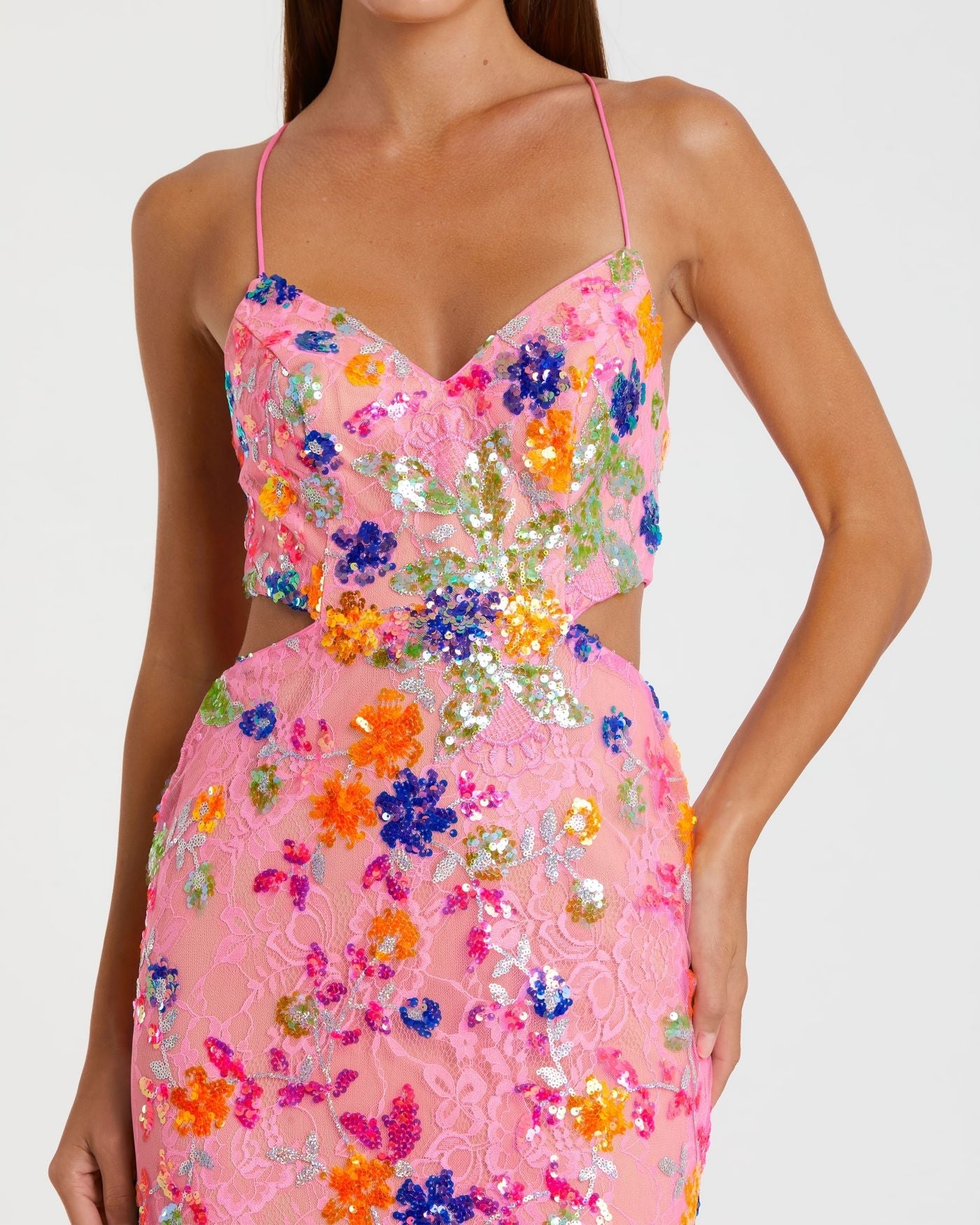 Pink Embellished Lace Strappy Column Gown-Myartka