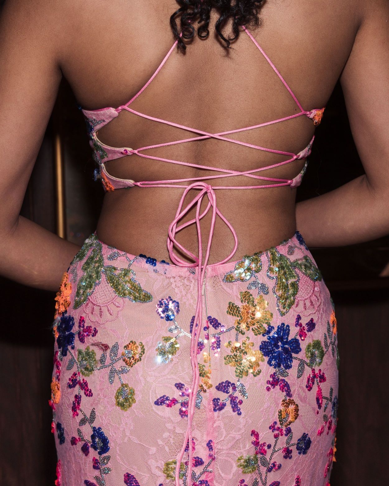 Pink Embellished Lace Strappy Column Gown-Myartka