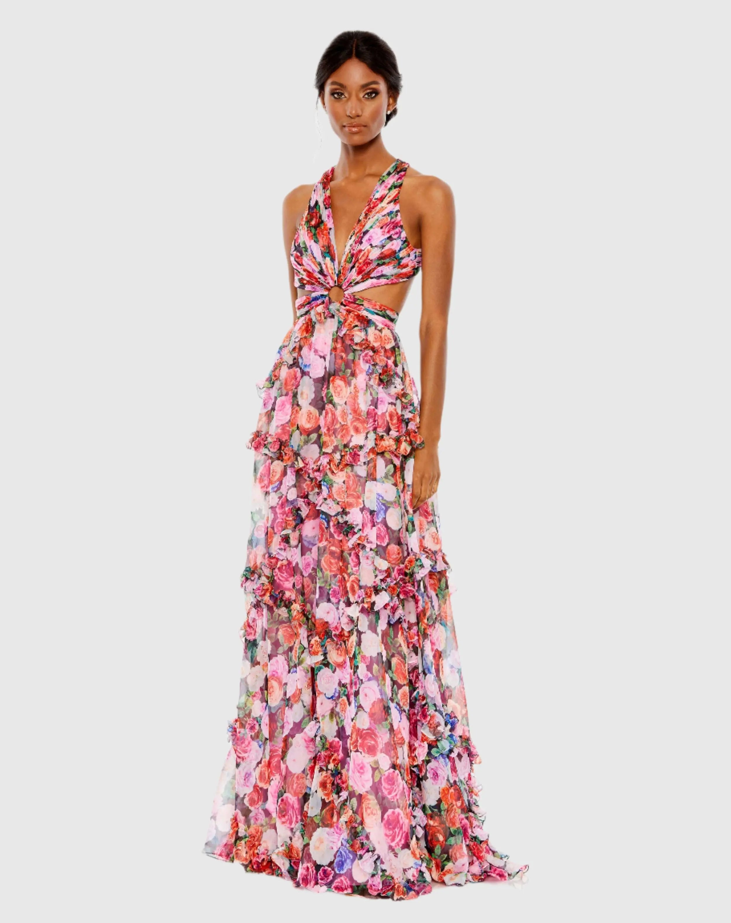 Multicolor Ruffled Cut Out Sleeveless Gown-Myartka