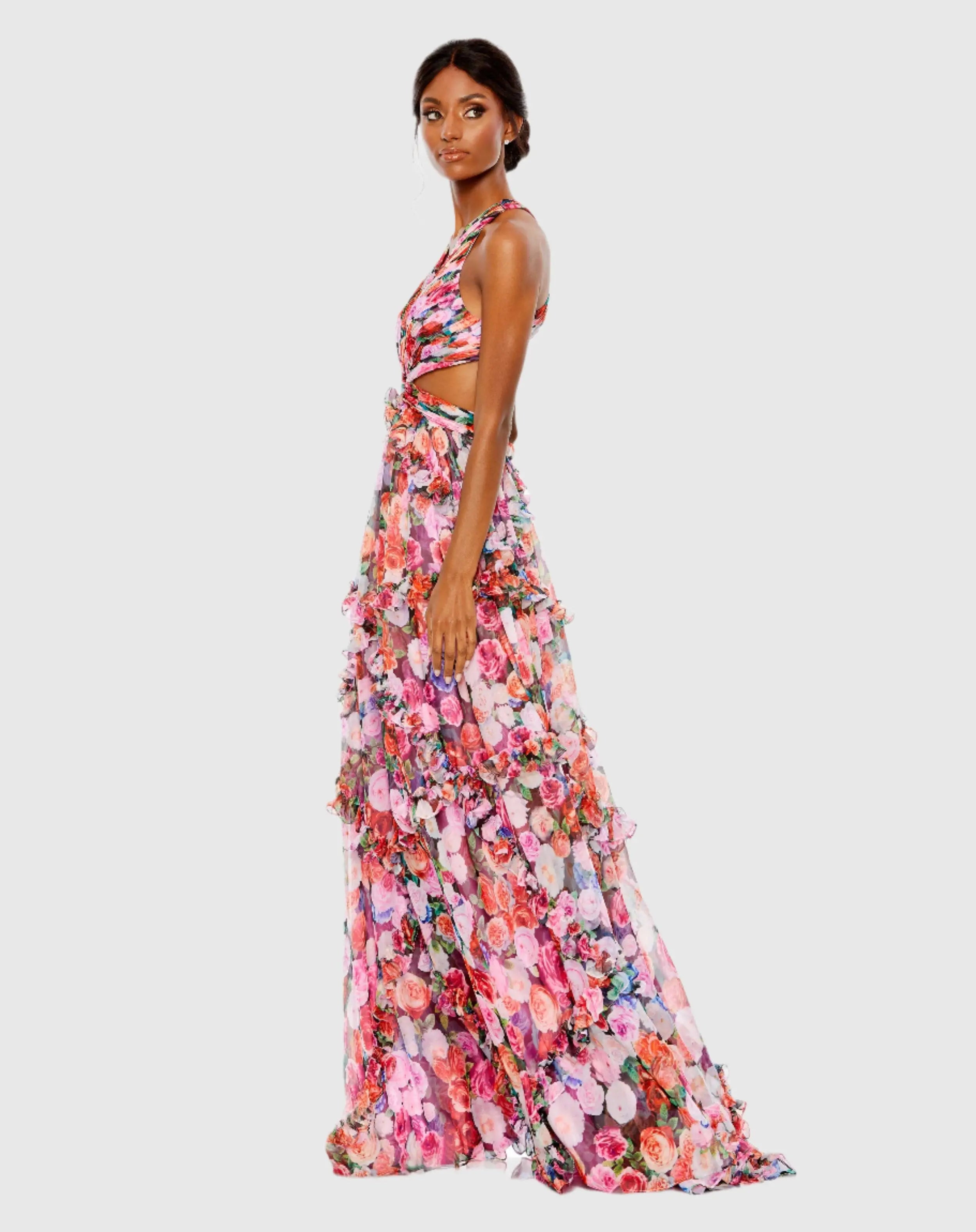 Multicolor Ruffled Cut Out Sleeveless Gown-Myartka