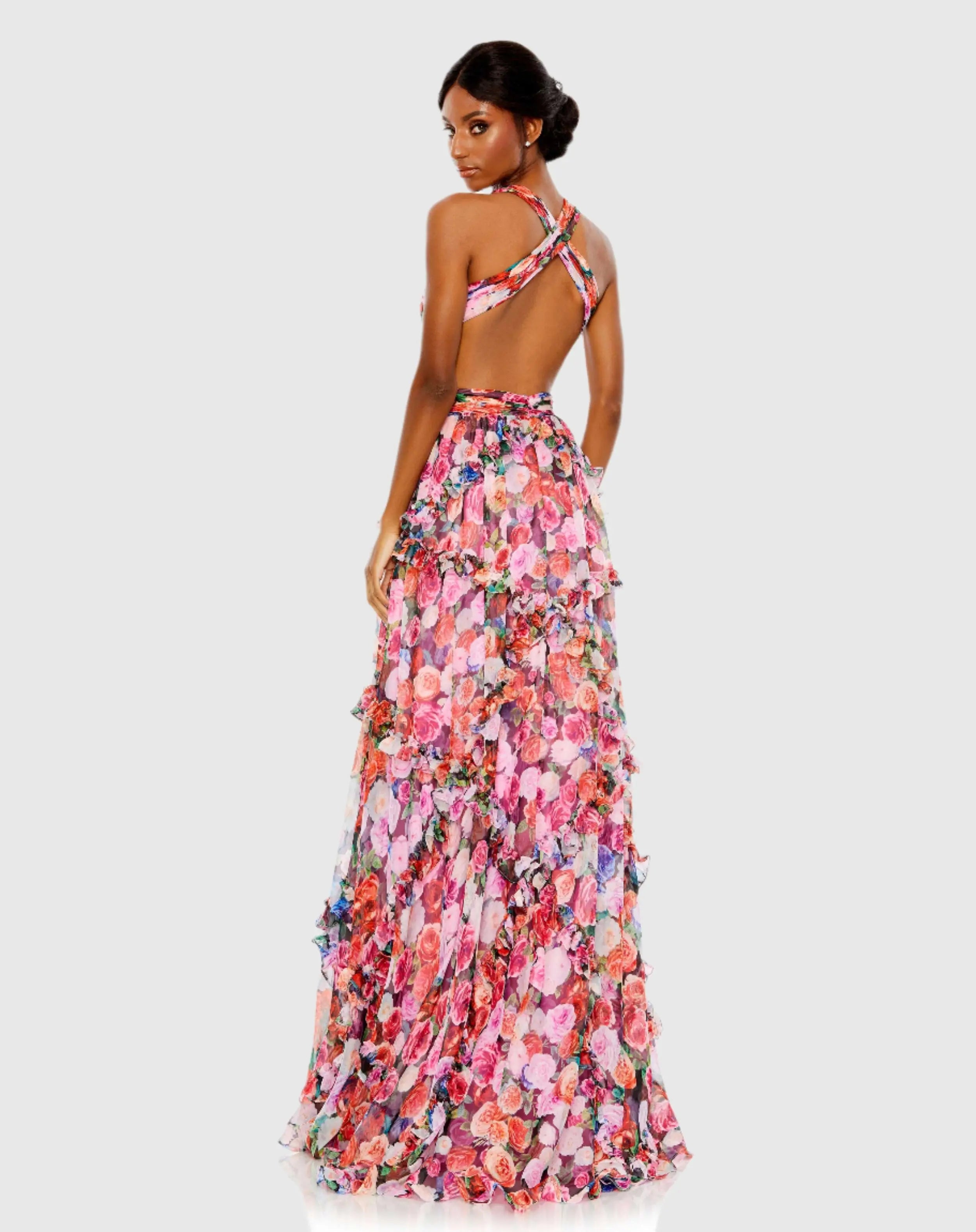 Multicolor Ruffled Cut Out Sleeveless Gown-Myartka