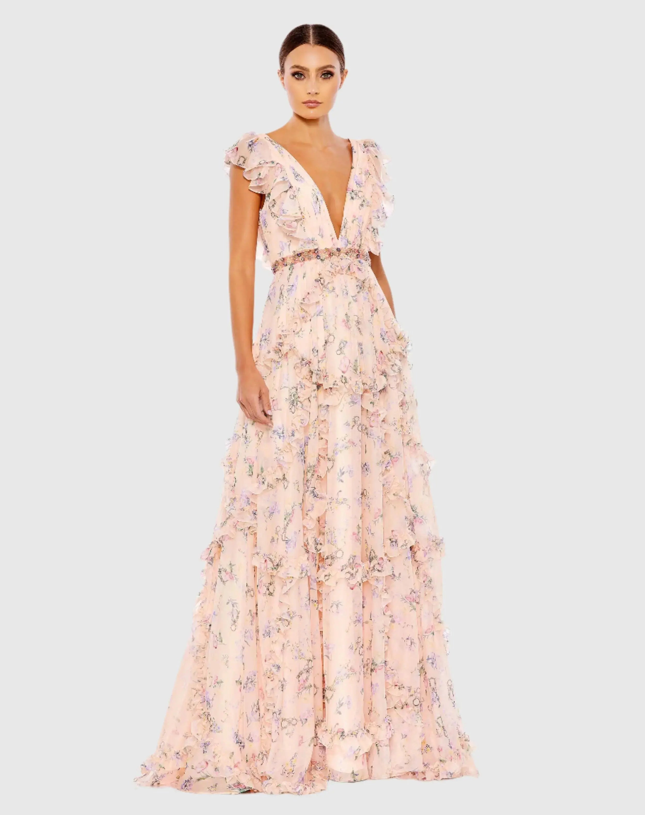 Pink Multicolor Ruffled Floral Print Cap Sleeve Gown-Myartka