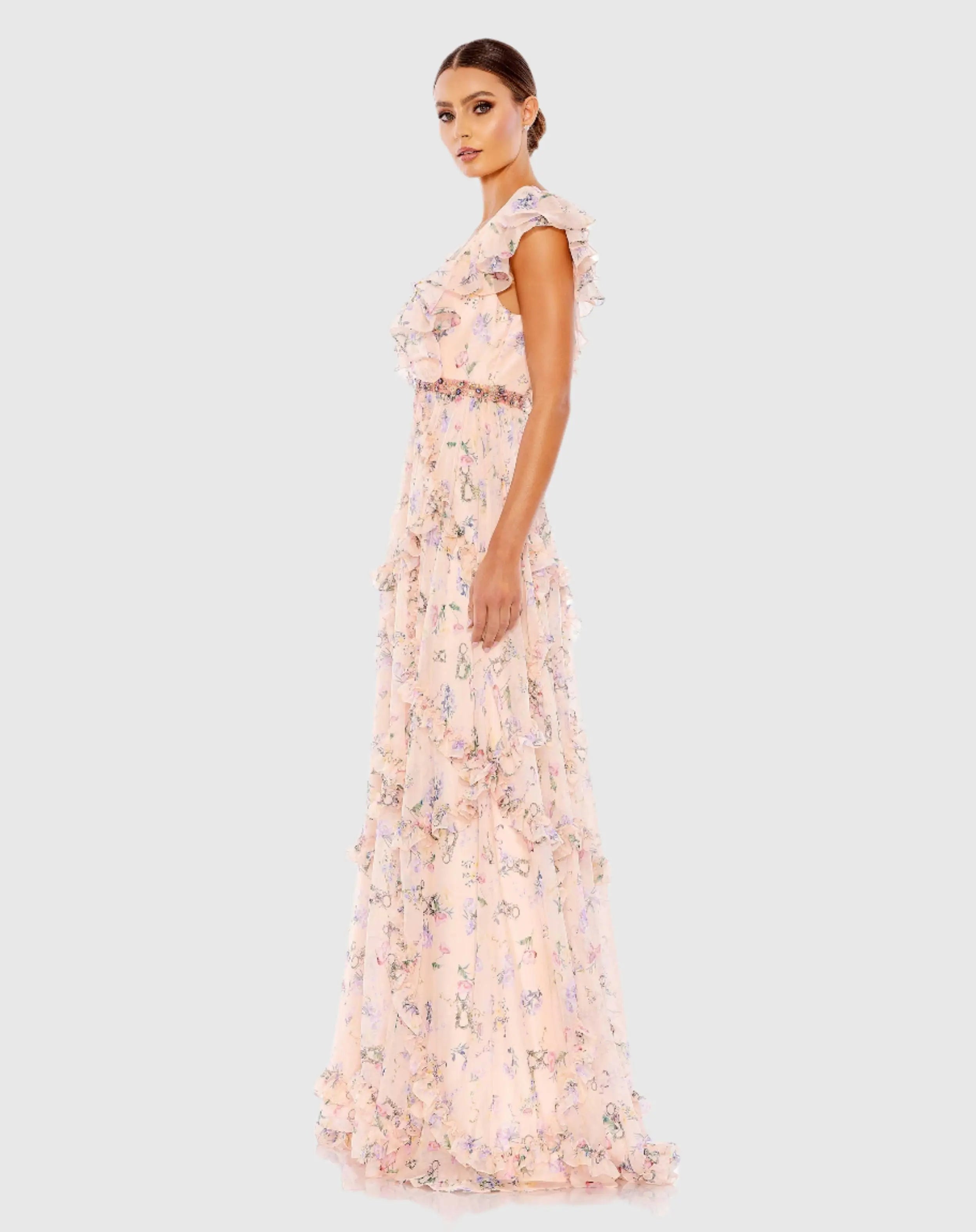 Pink Multicolor Ruffled Floral Print Cap Sleeve Gown-Myartka