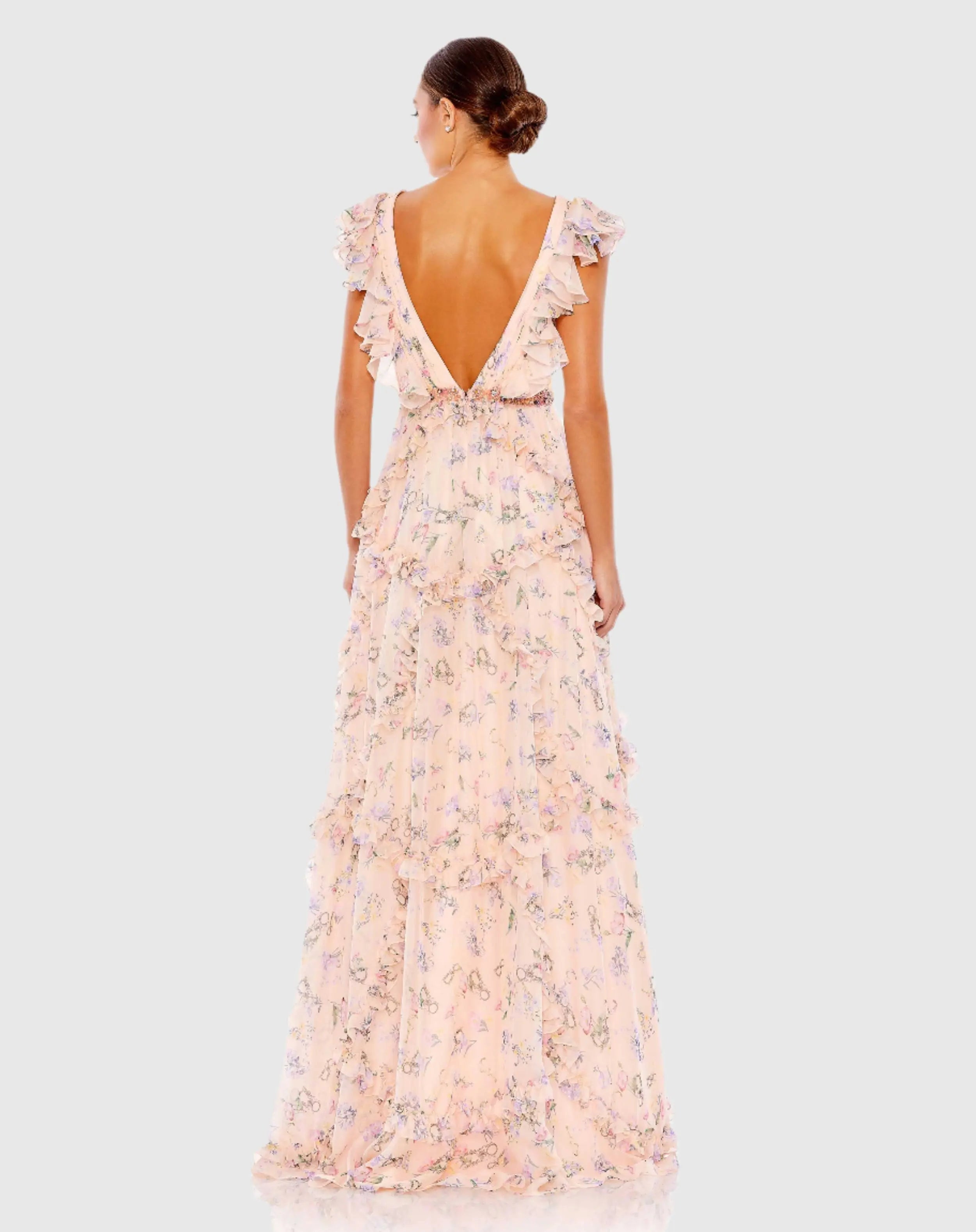 Pink Multicolor Ruffled Floral Print Cap Sleeve Gown-Myartka