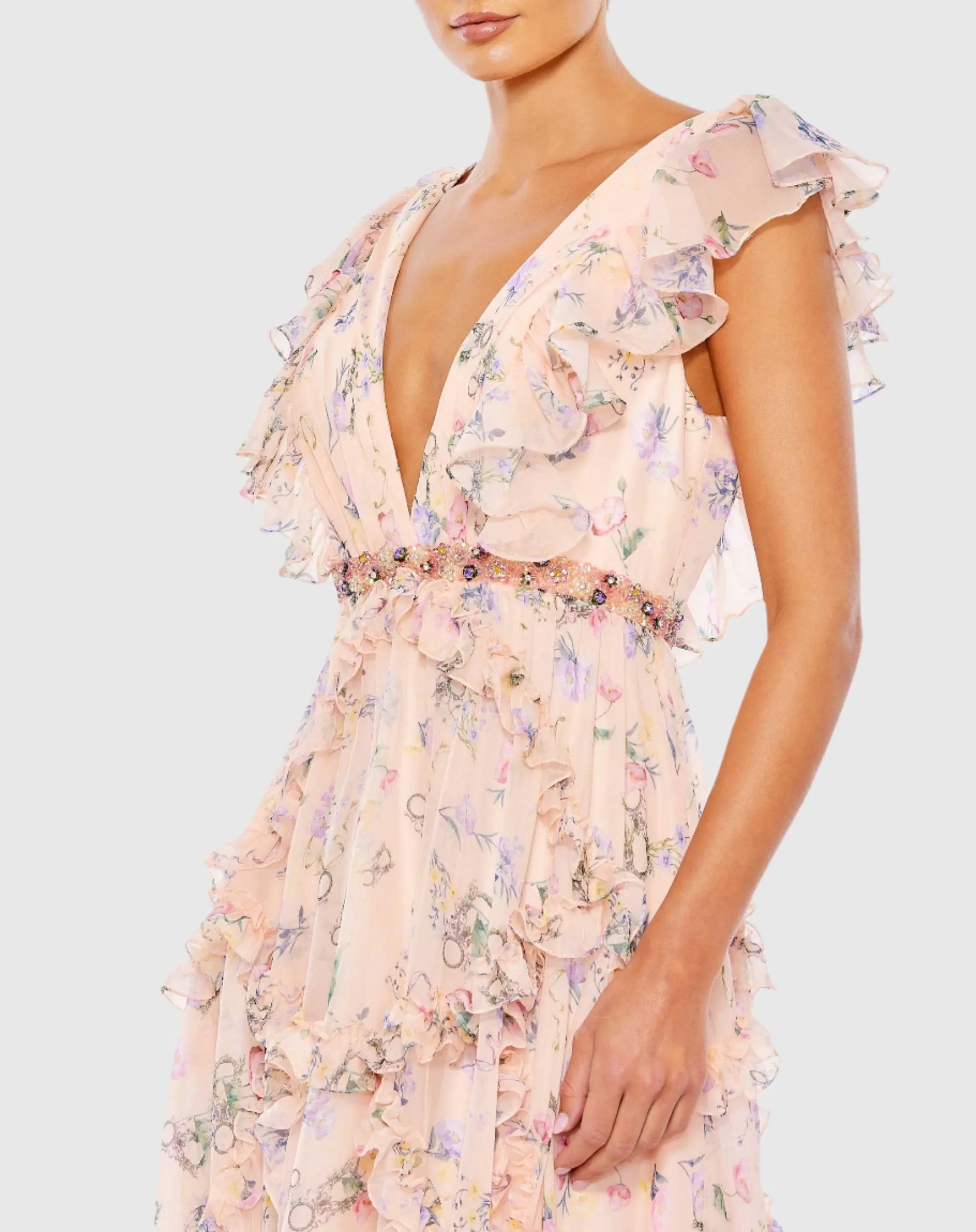 Pink Multicolor Ruffled Floral Print Cap Sleeve Gown-Myartka
