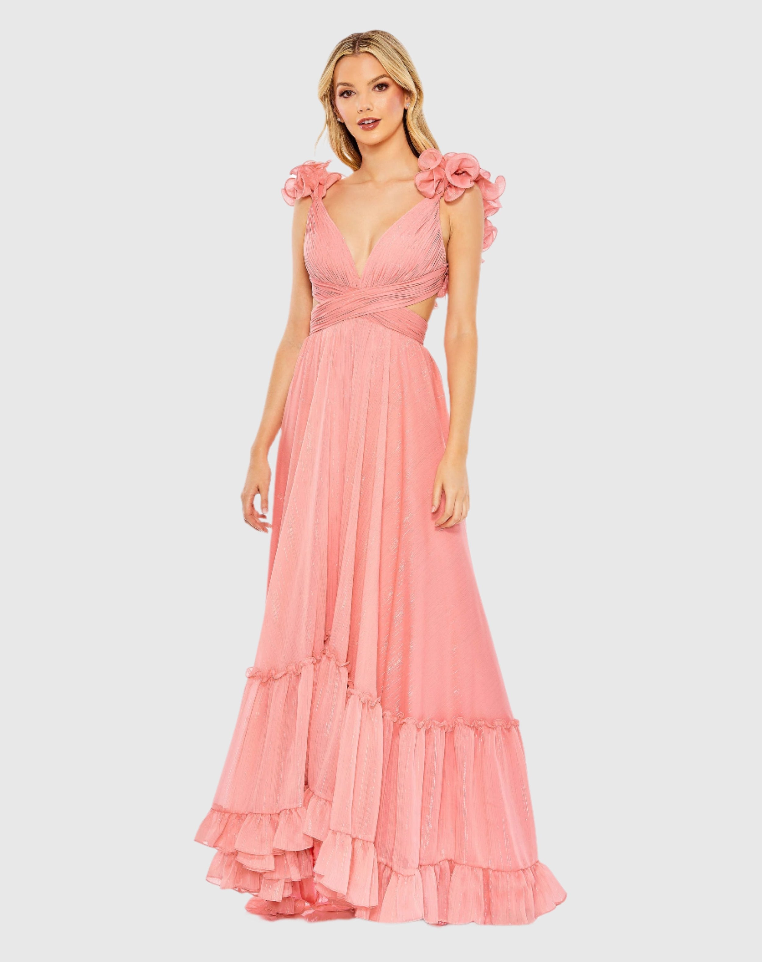 Pink Ruffle Sleeve V Neck A Line Gown-Myartka