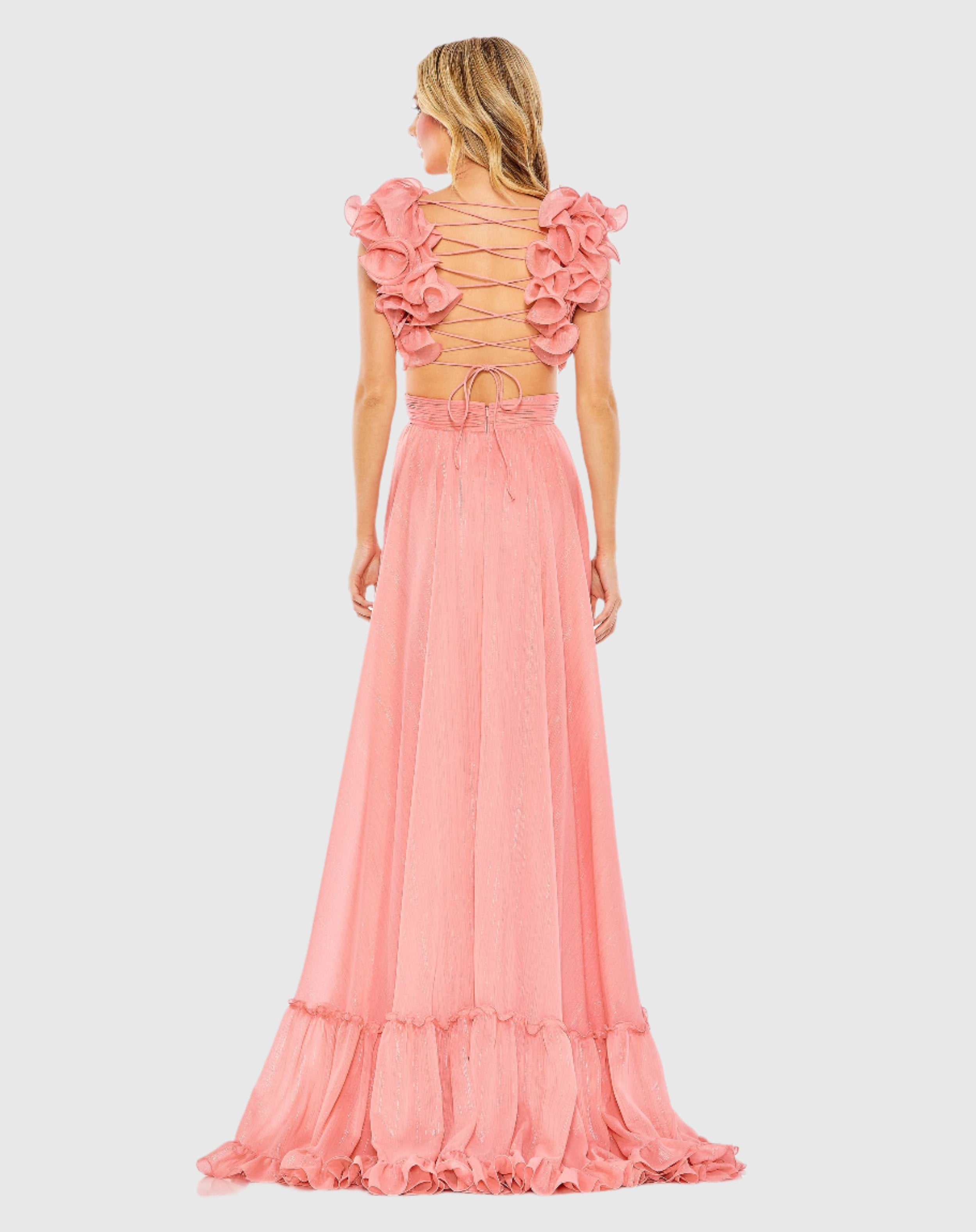 Pink Ruffle Sleeve V Neck A Line Gown-Myartka