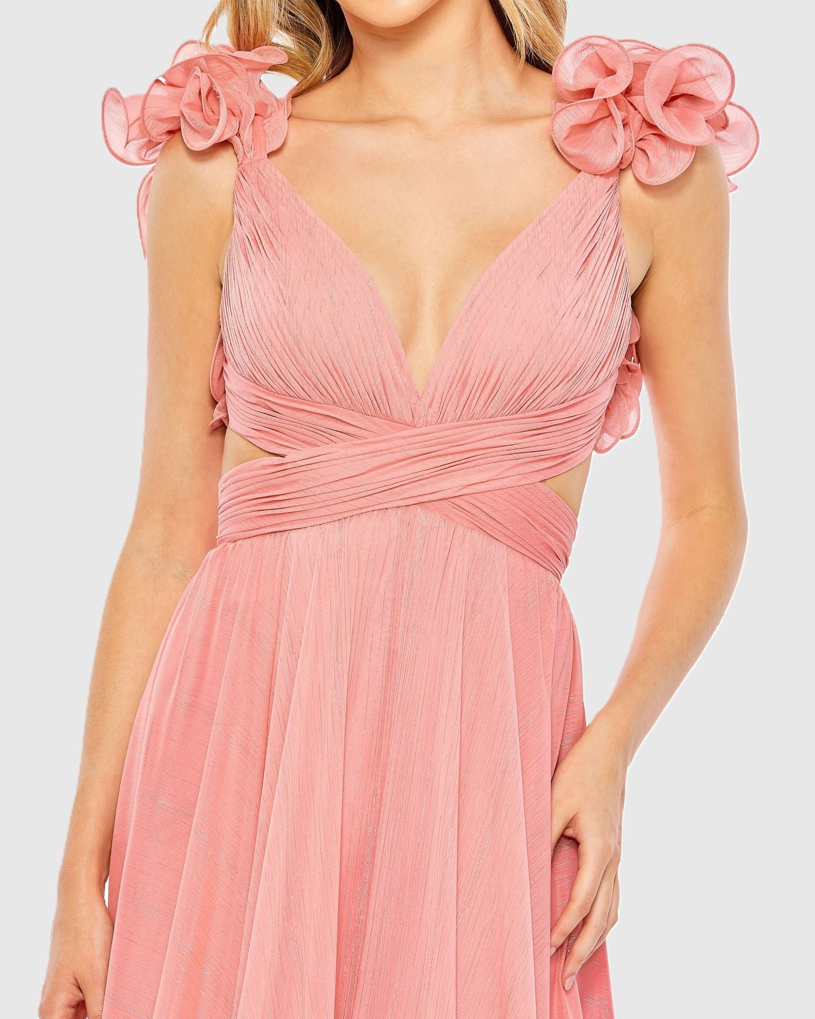 Pink Ruffle Sleeve V Neck A Line Gown-Myartka