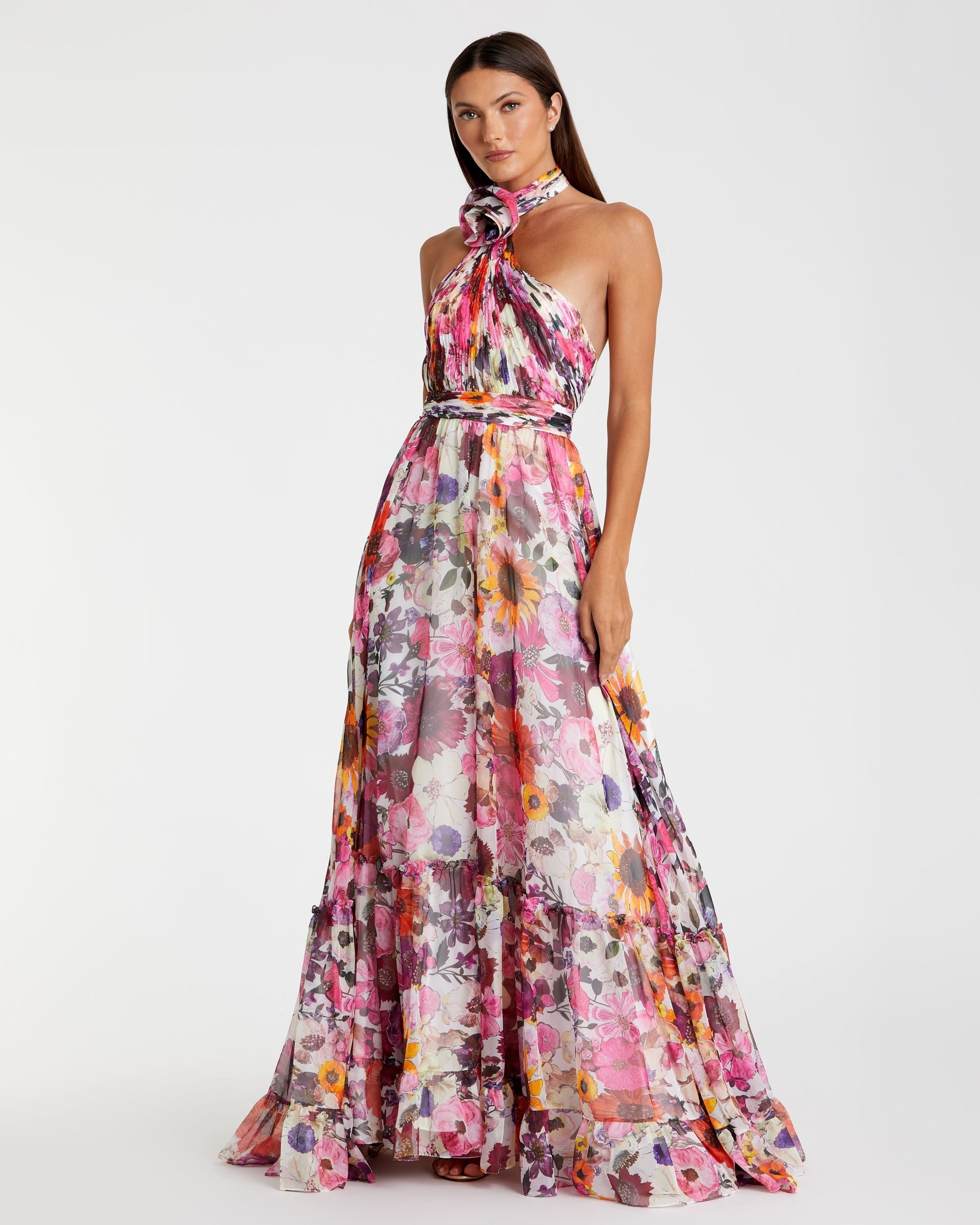Multicolor Asymmetrical Ruffled Halter Floral Gown-Myartka