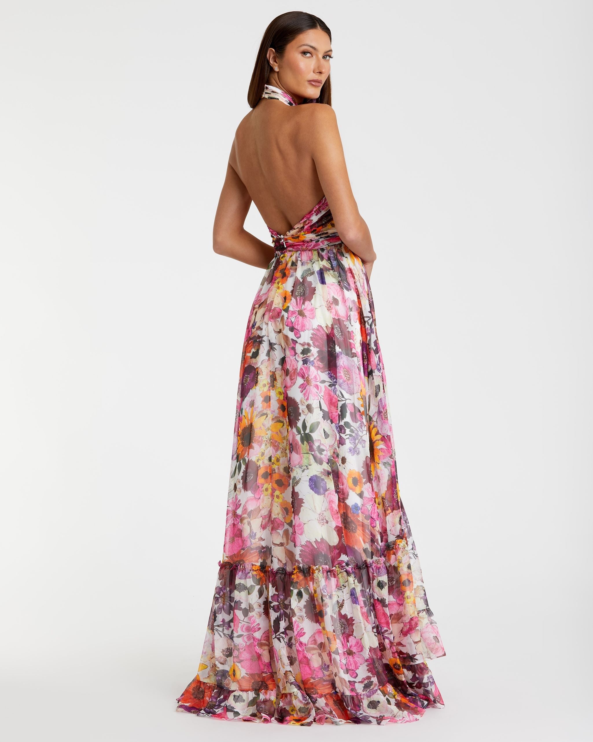 Multicolor Asymmetrical Ruffled Halter Floral Gown-Myartka