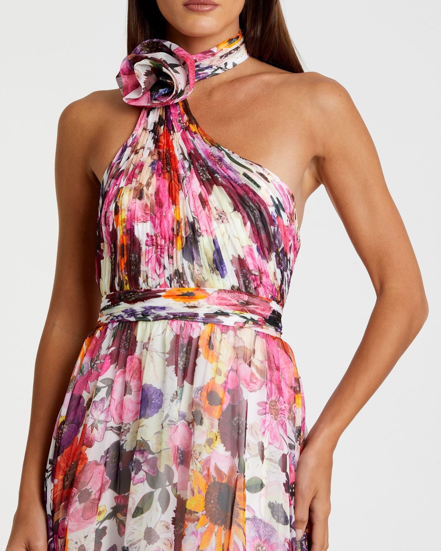 Multicolor Asymmetrical Ruffled Halter Floral Gown-Myartka