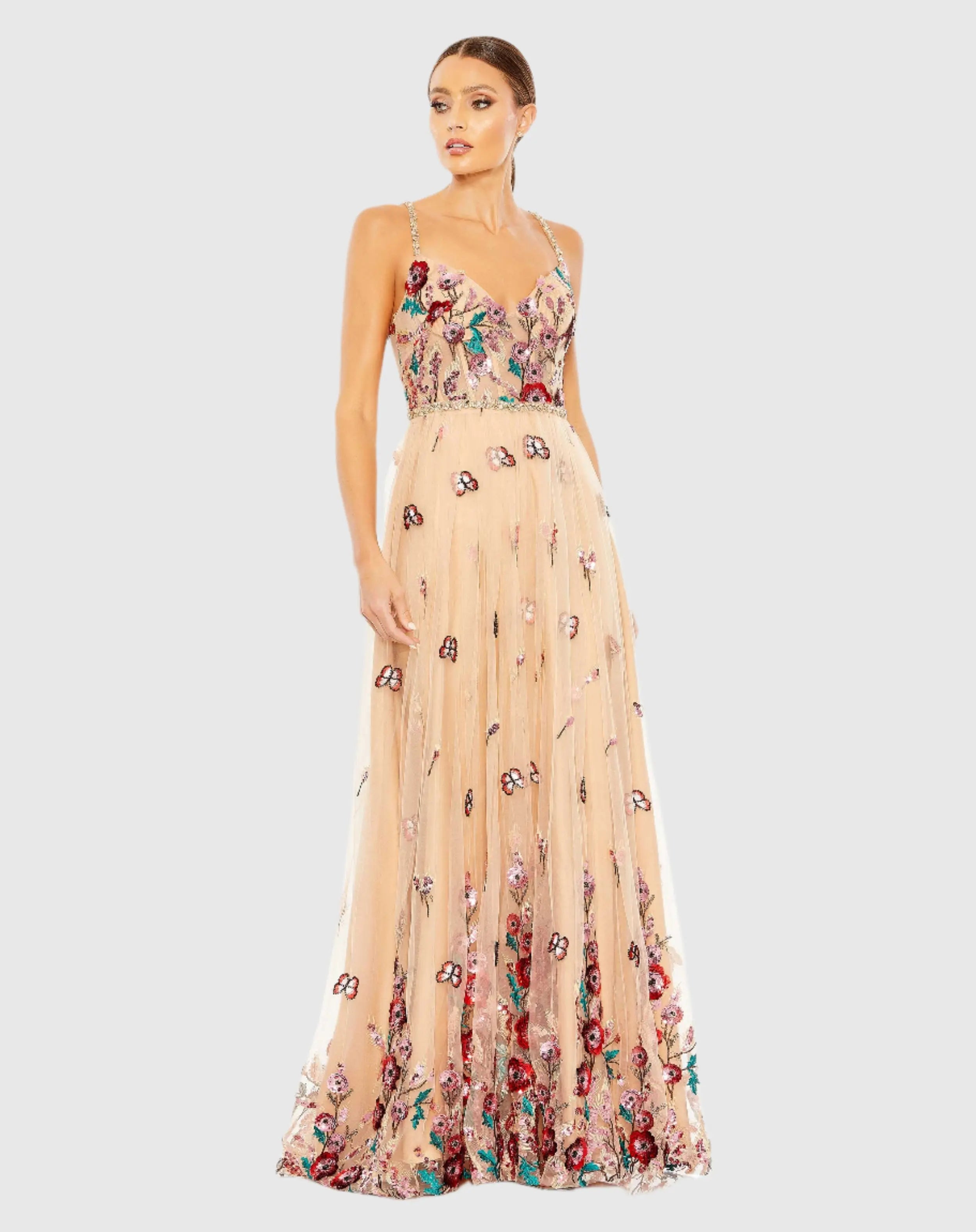 Beige Embellished Floral Detail A Line Gown-Myartka