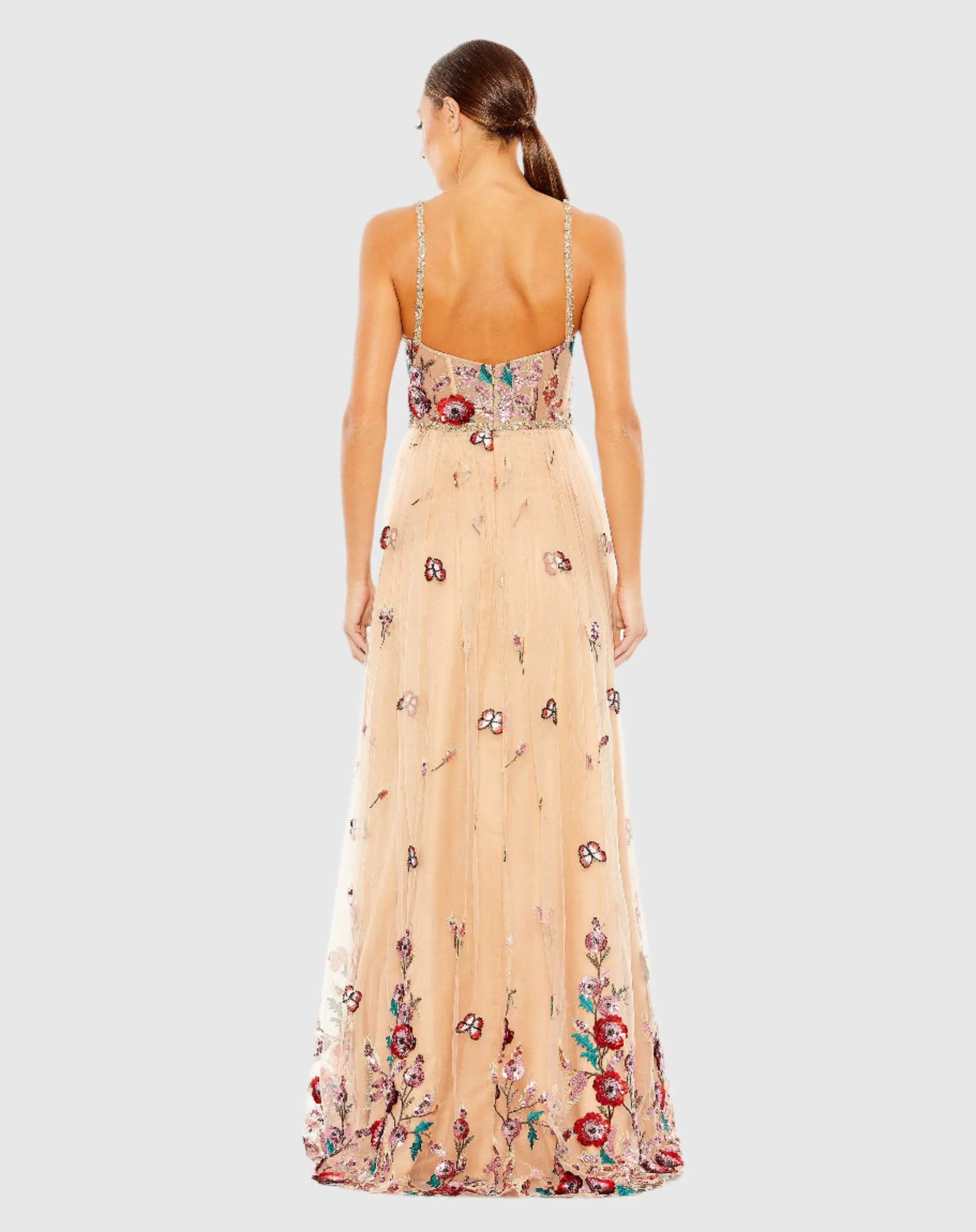 Beige Embellished Floral Detail A Line Gown-Myartka