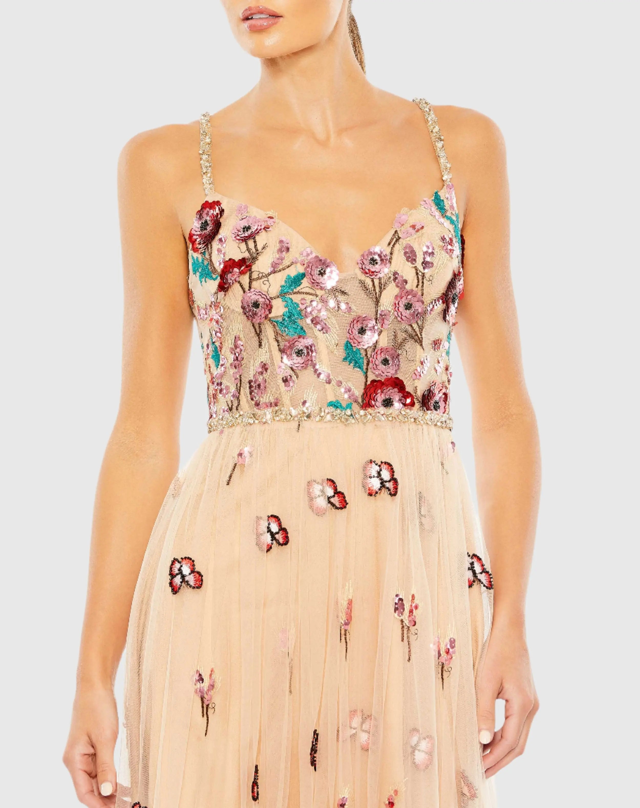 Beige Embellished Floral Detail A Line Gown-Myartka