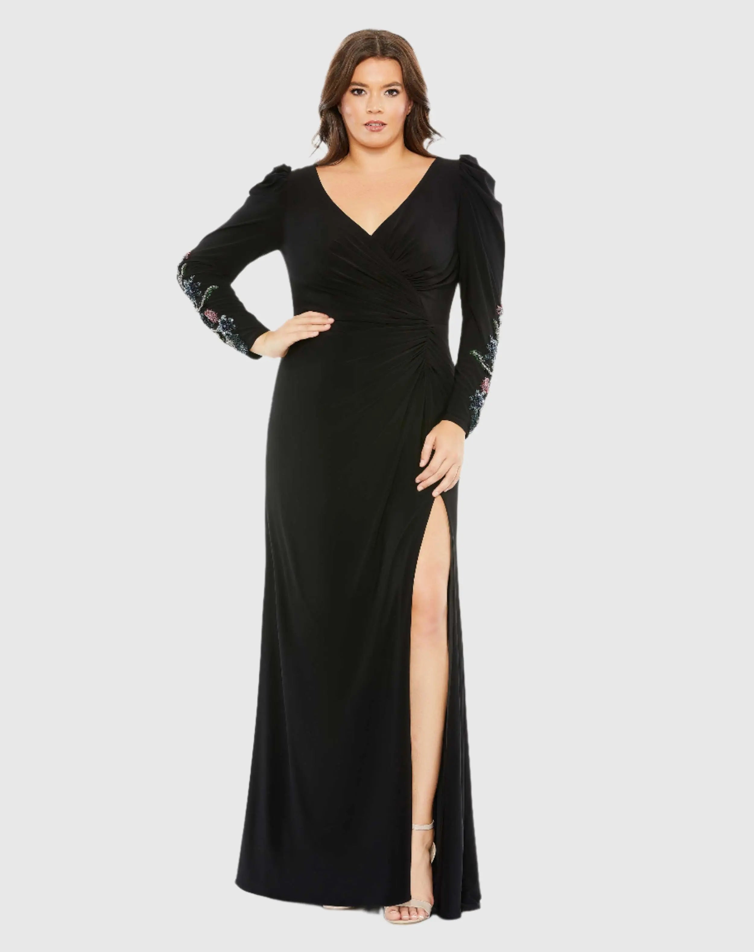 Black Embellished Long Sleeve Faux Wrap Gown (Plus)-Myartka