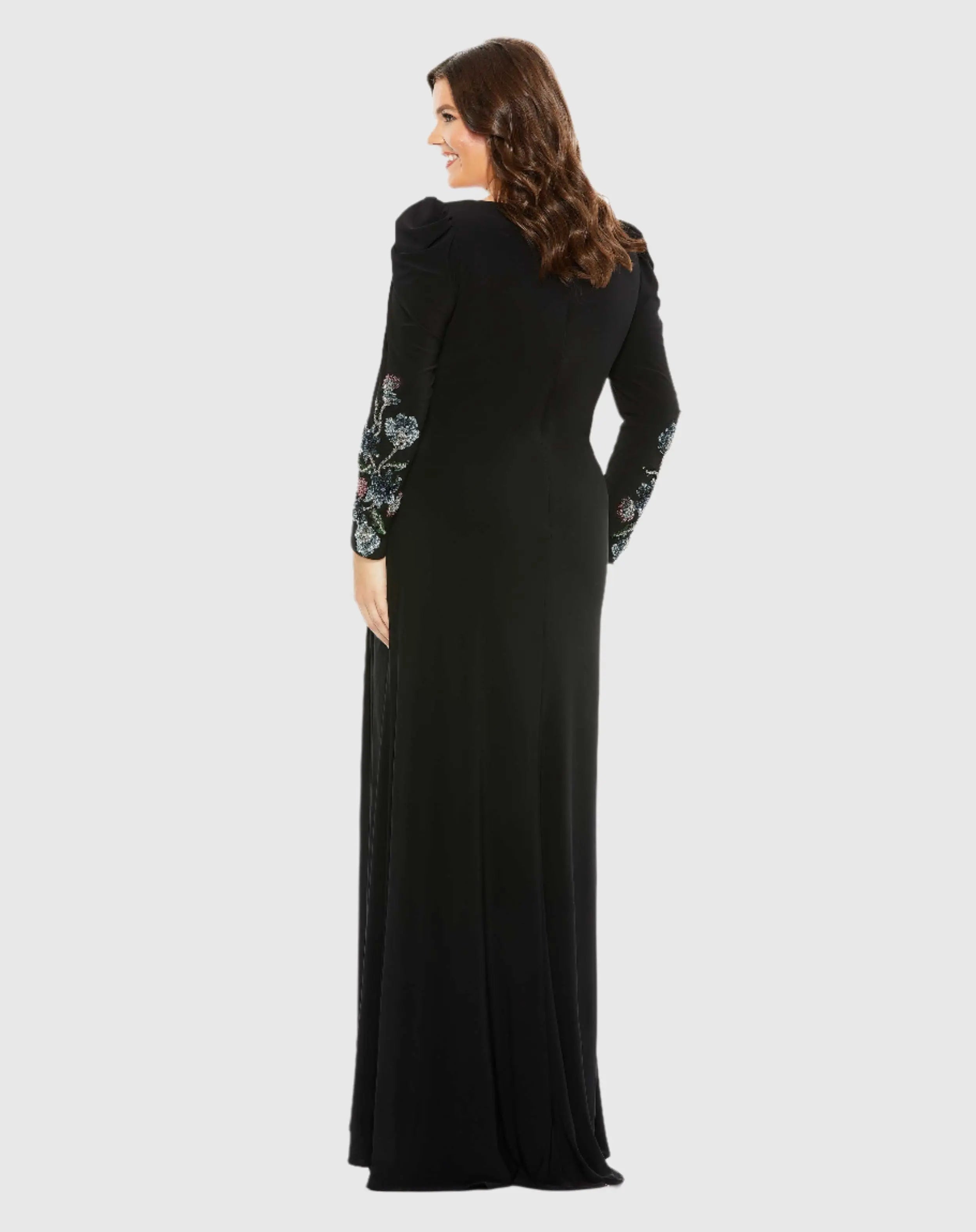 Black Embellished Long Sleeve Faux Wrap Gown (Plus)-Myartka