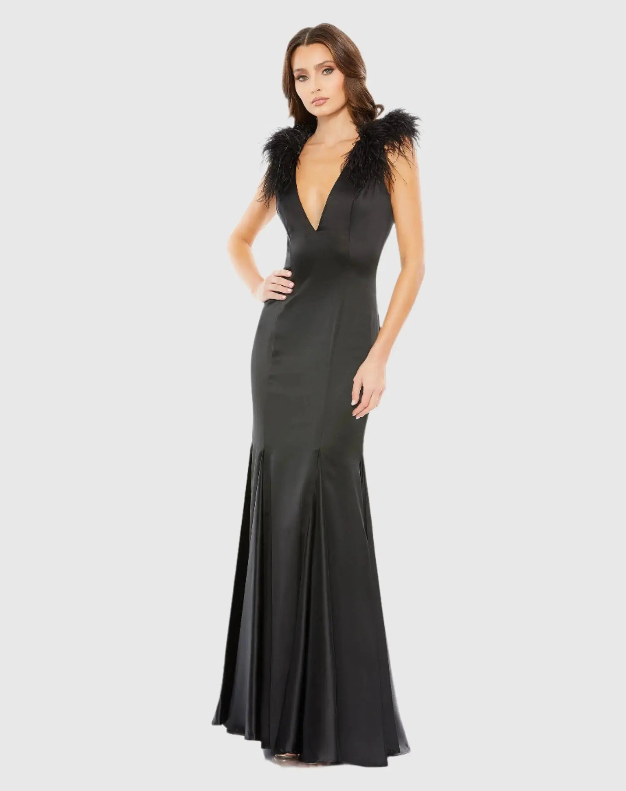 Black Feather Shoulder V-Neck Gown - FINAL SALE-Myartka