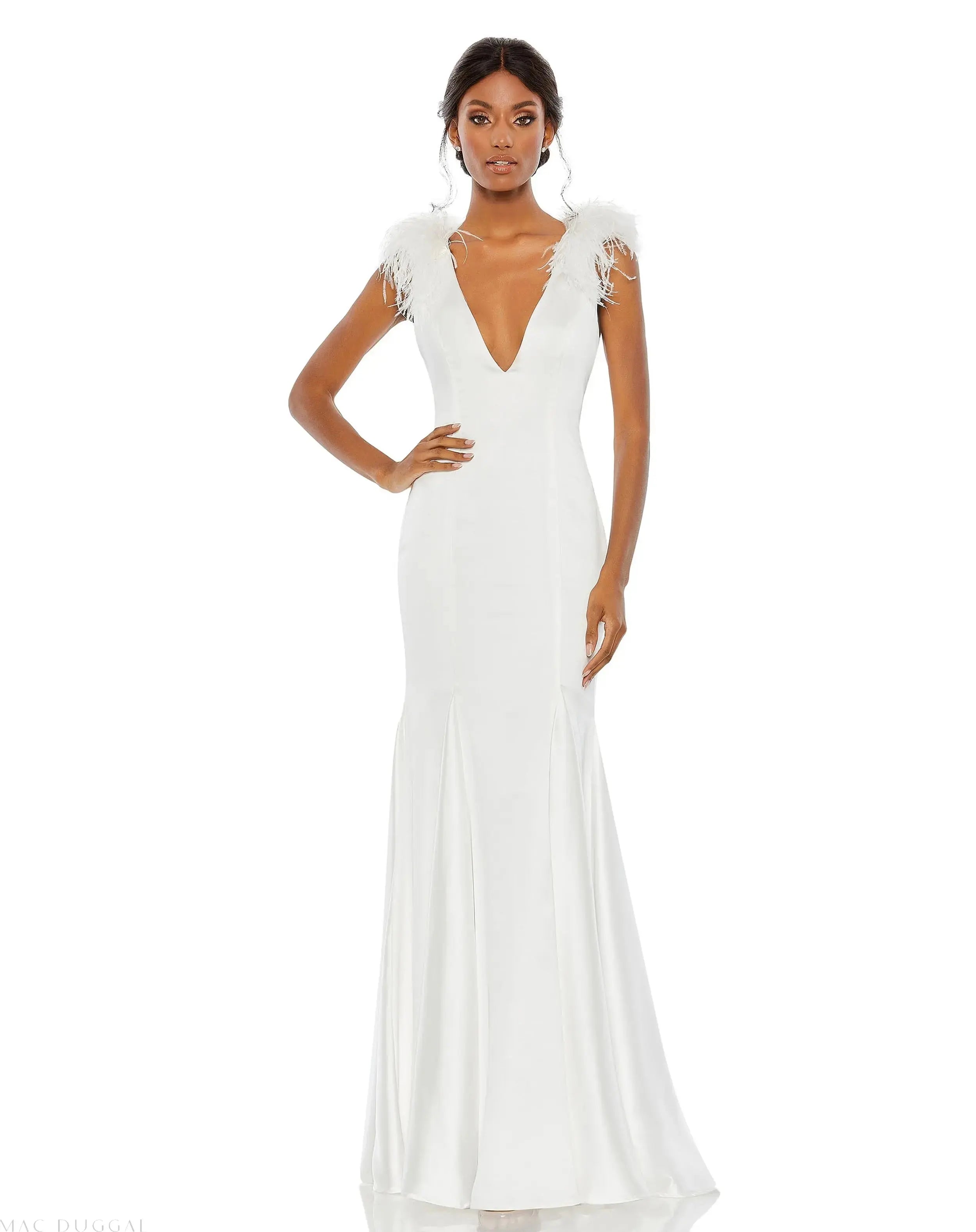 Feather Shoulder V-Neck Column Gown-Myartka