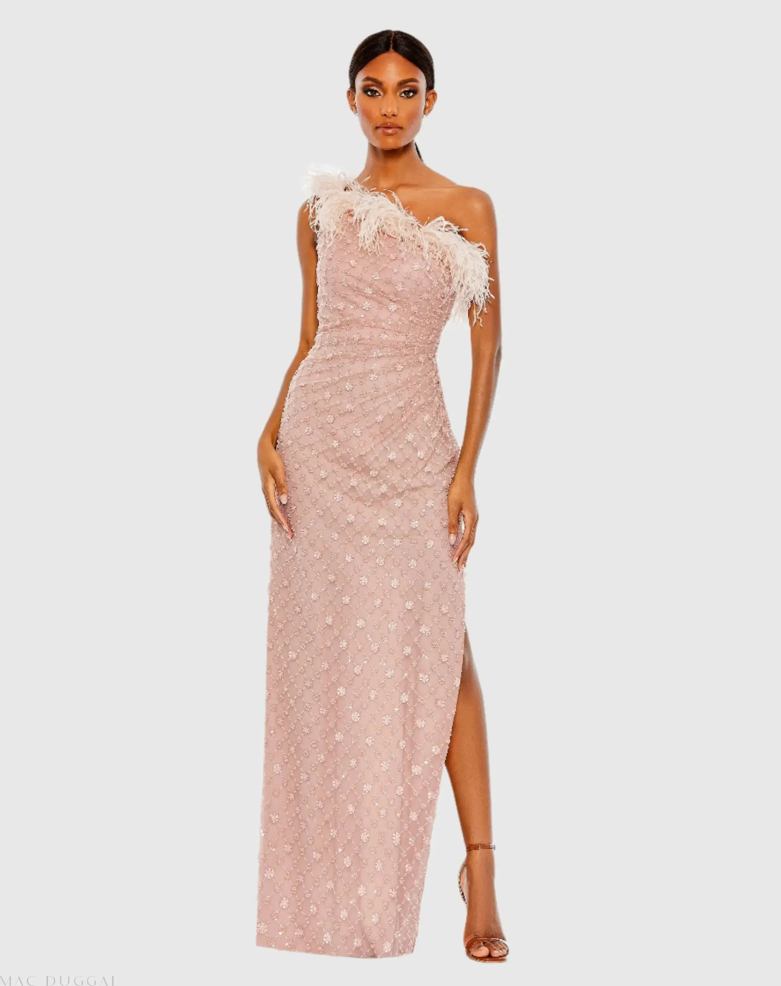 Pink Embellished One Shoulder Gown w/ Ostrich Feathers-Myartka