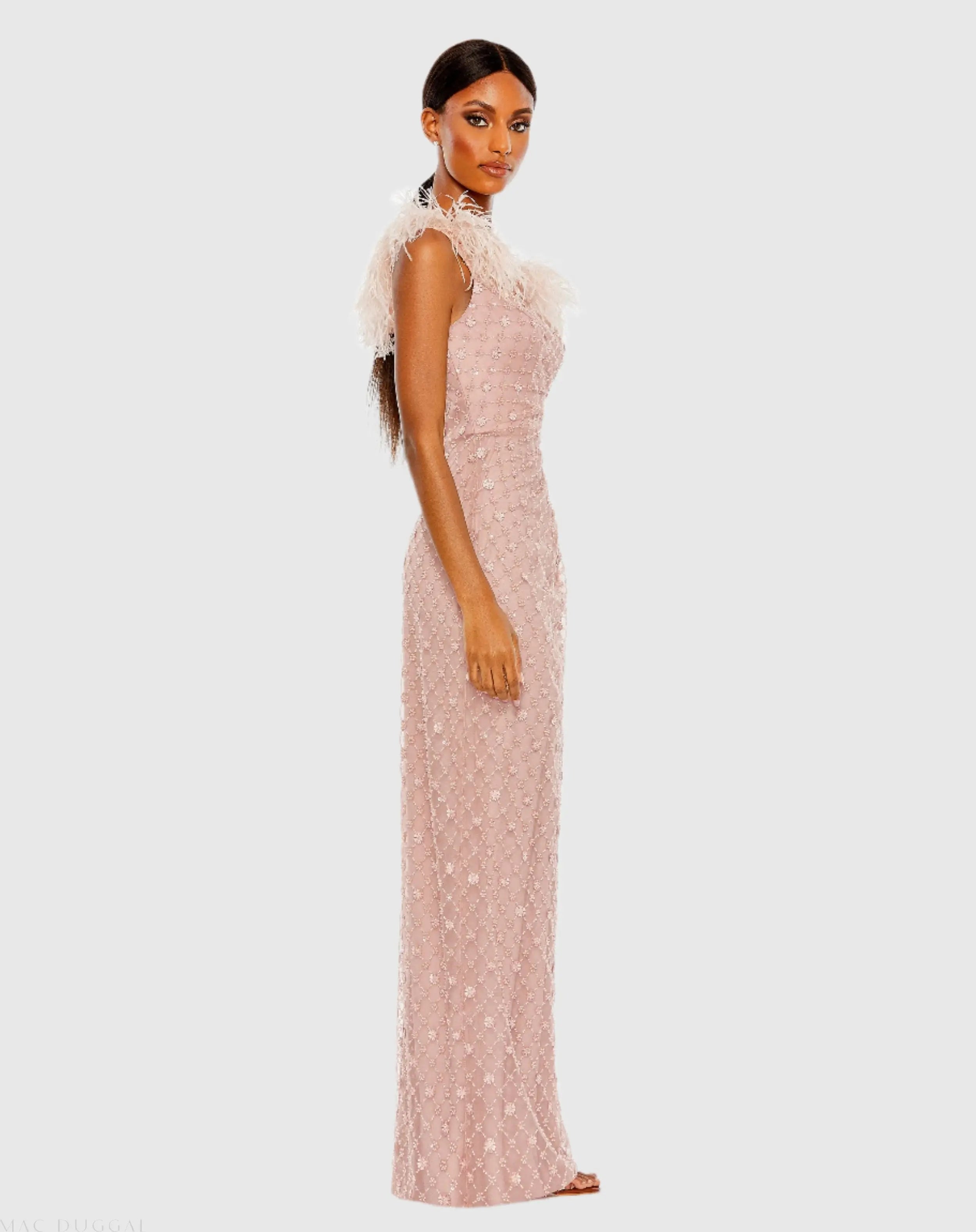 Pink Embellished One Shoulder Gown w/ Ostrich Feathers-Myartka