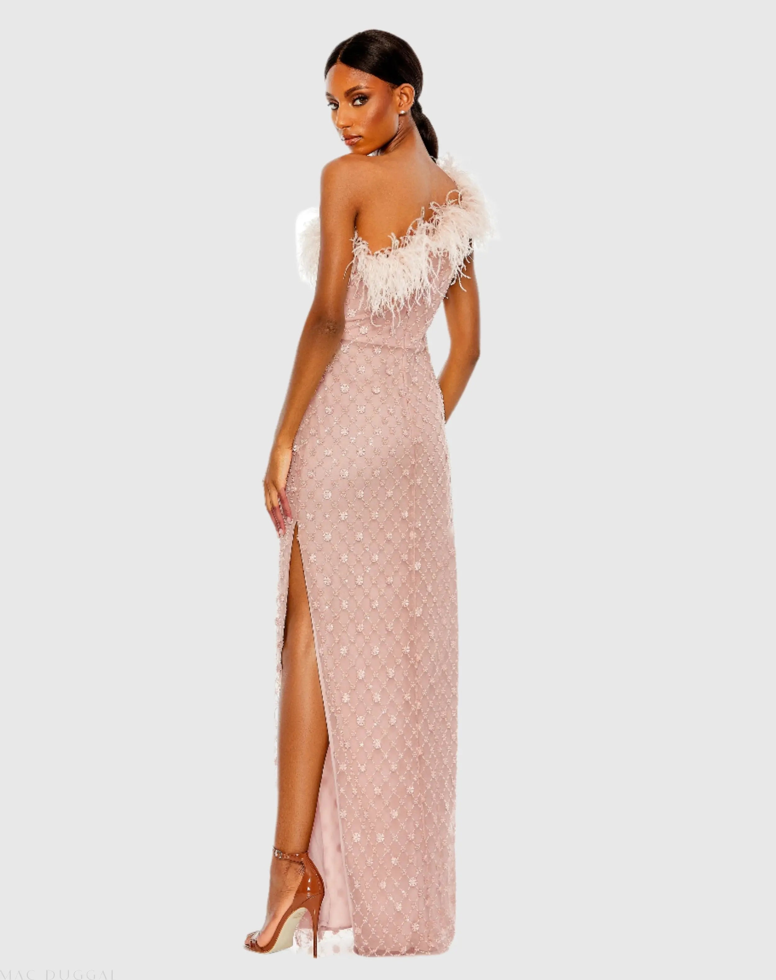 Pink Embellished One Shoulder Gown w/ Ostrich Feathers-Myartka