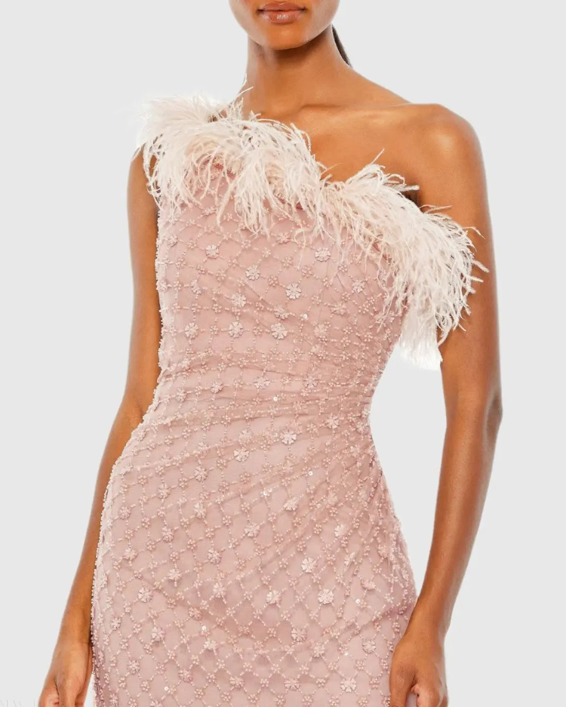 Pink Embellished One Shoulder Gown w/ Ostrich Feathers-Myartka