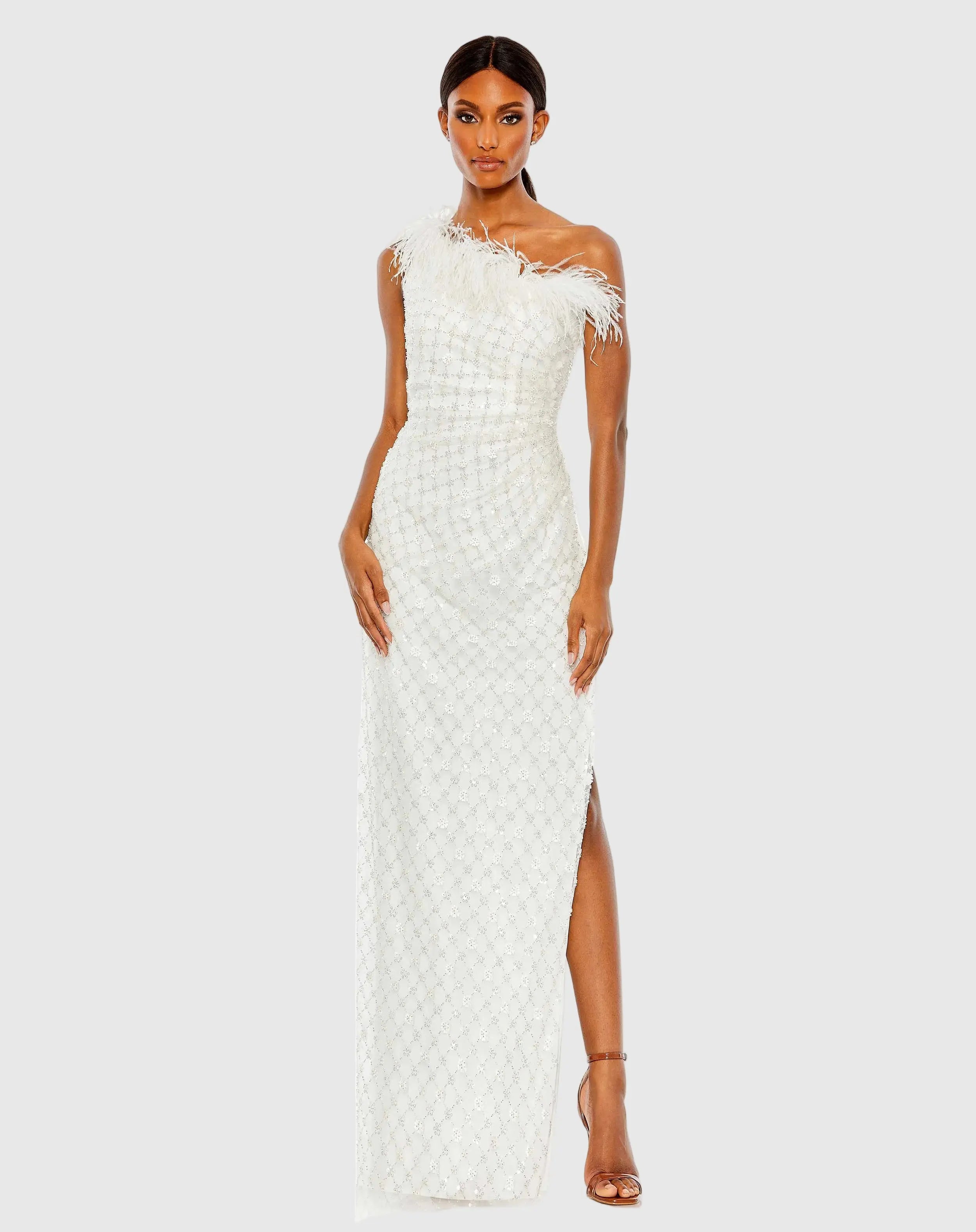 White Embellished One Shoulder Gown w/ Ostrich Feathers - FINAL SALE-Myartka