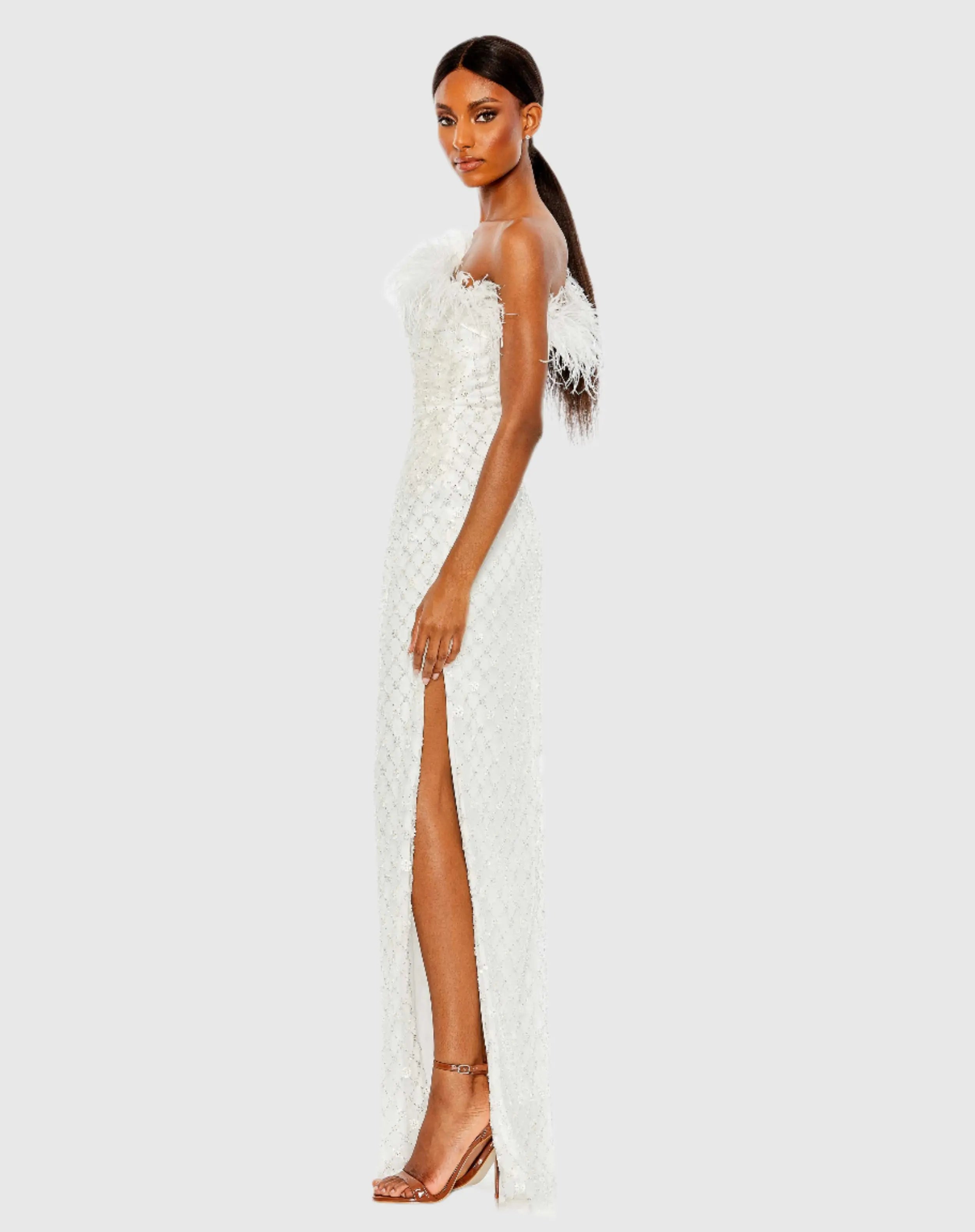 White Embellished One Shoulder Gown w/ Ostrich Feathers - FINAL SALE-Myartka