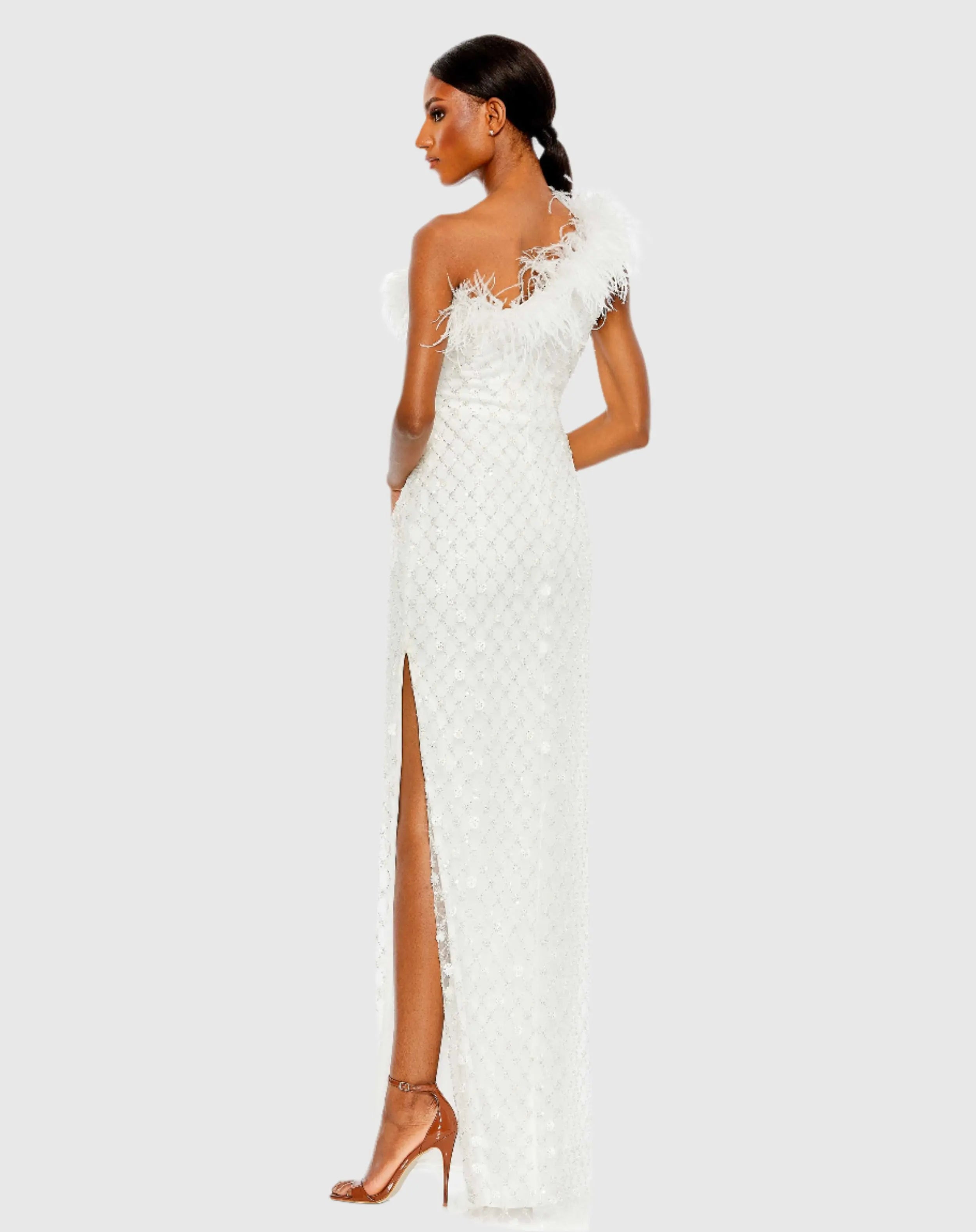 White Embellished One Shoulder Gown w/ Ostrich Feathers - FINAL SALE-Myartka