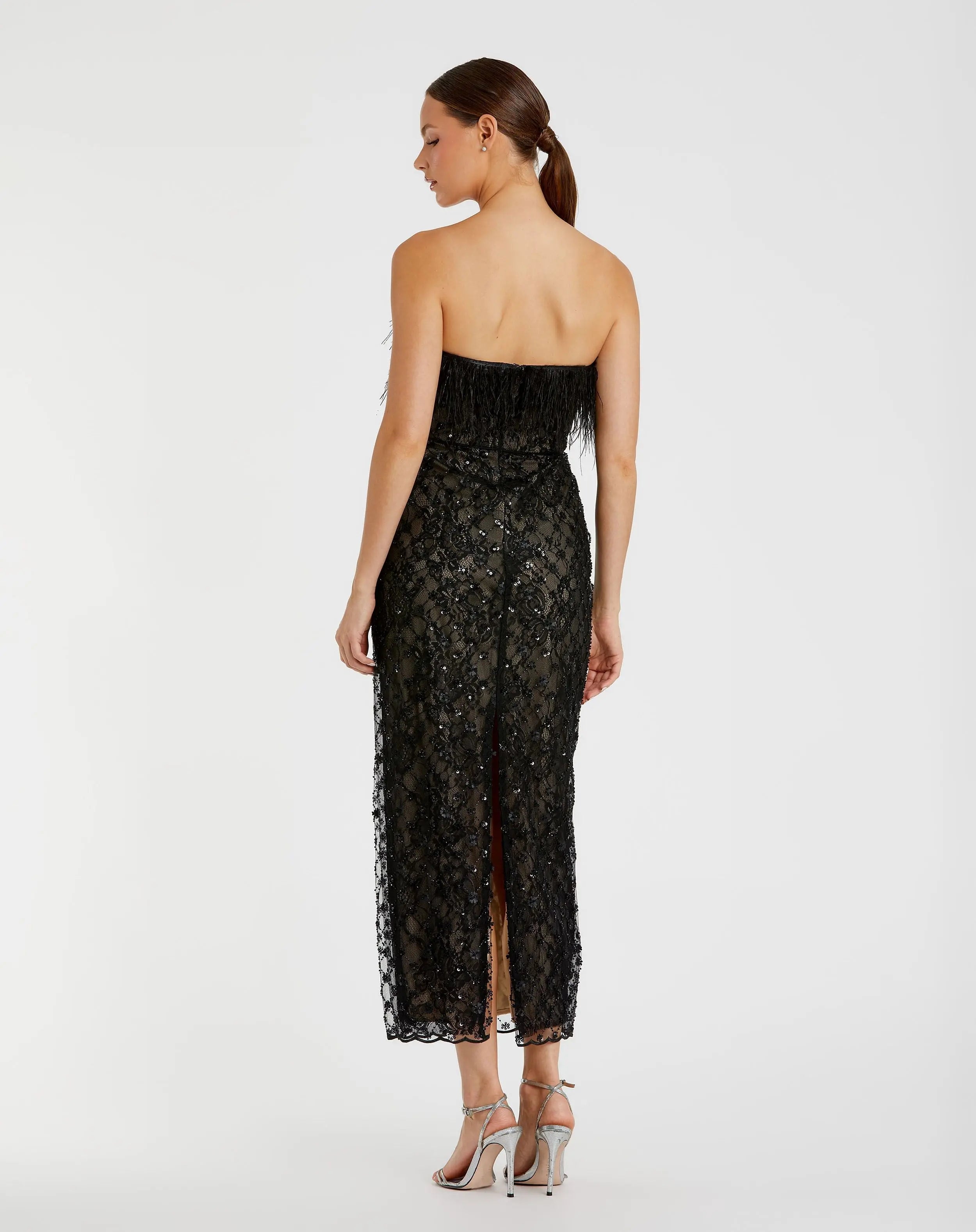 Black Embellished Feather Strapless Column Dress-Myartka