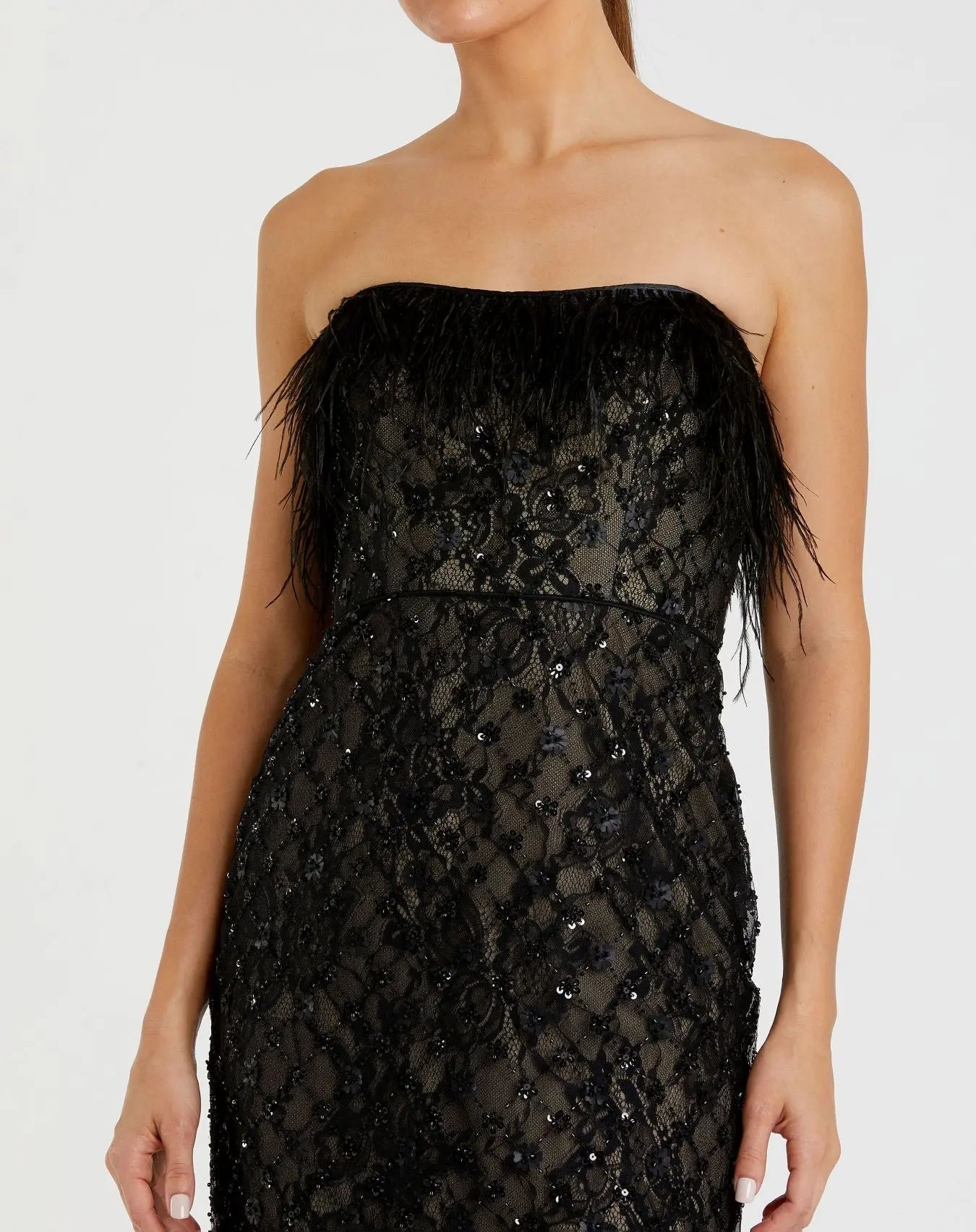 Black Embellished Feather Strapless Column Dress-Myartka