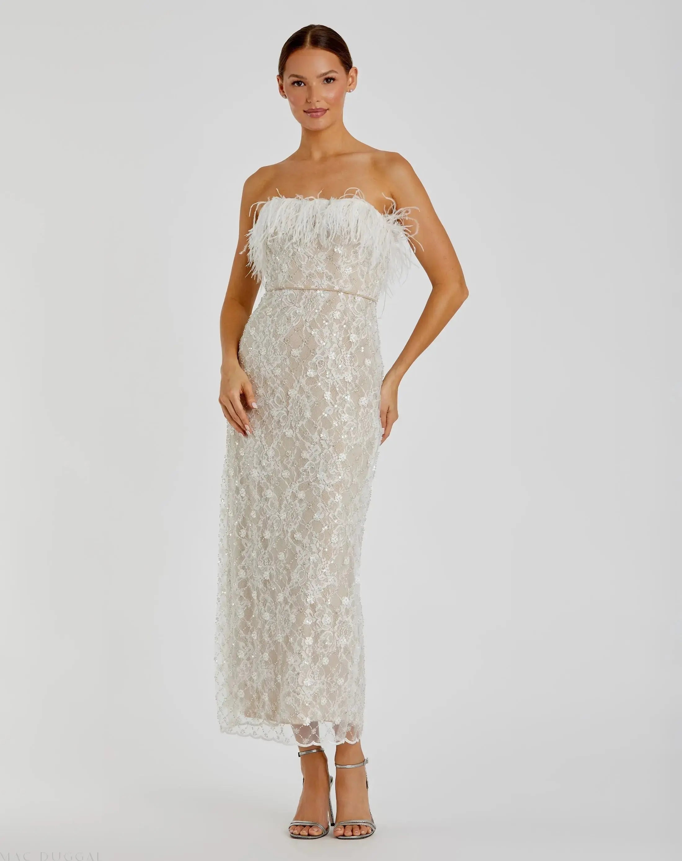 White and Beige Embellished Feather Strapless Column Dress-Myartka