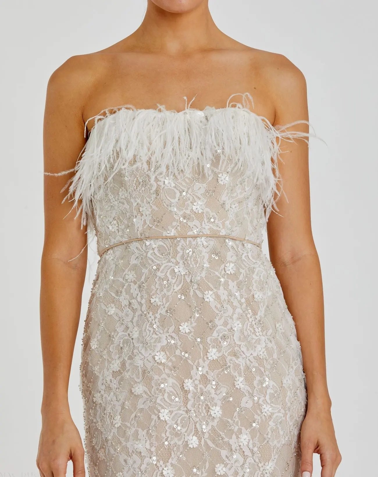 White and Beige Embellished Feather Strapless Column Dress-Myartka