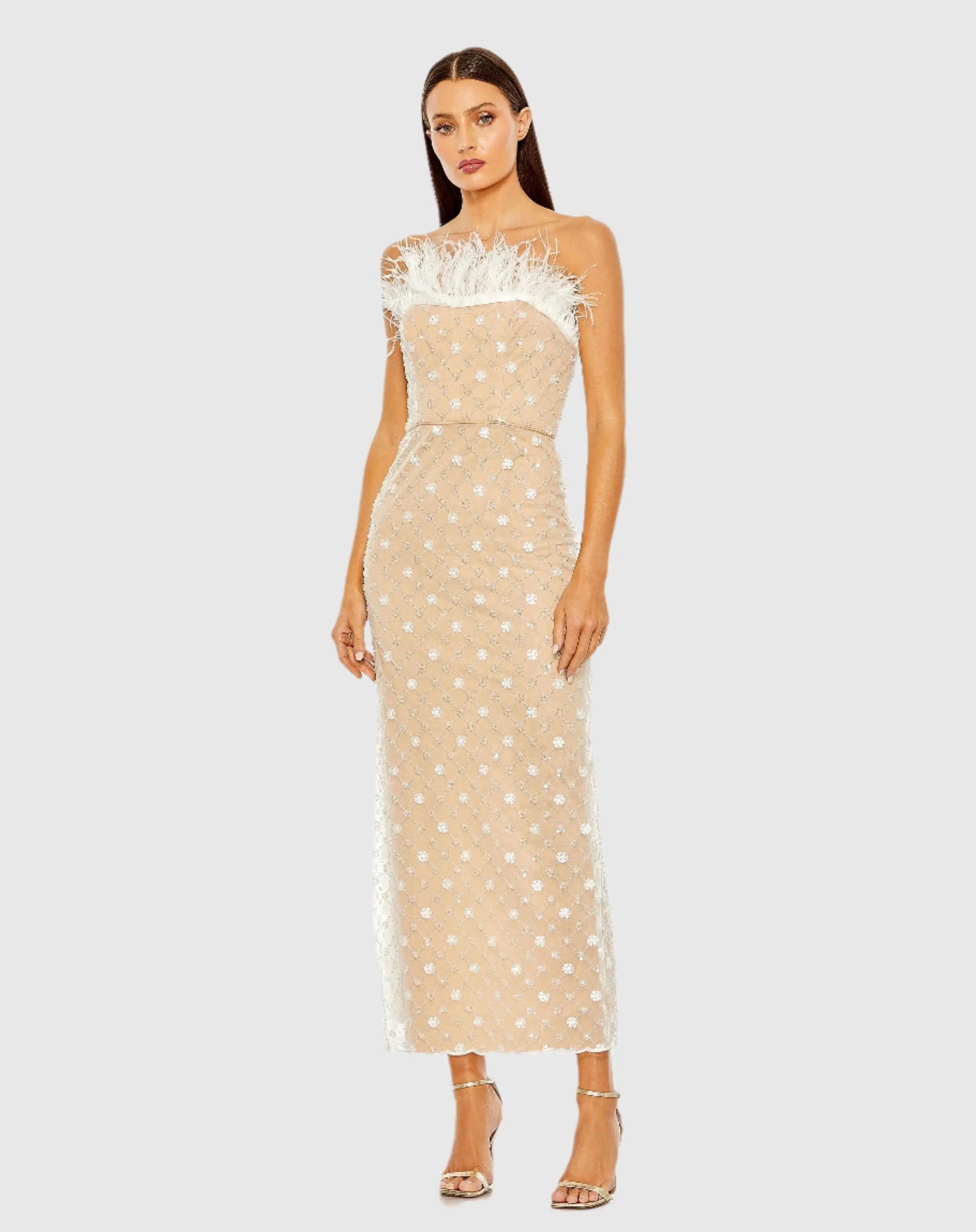 Beige Embellished Feather Strapless Column Dress-Myartka