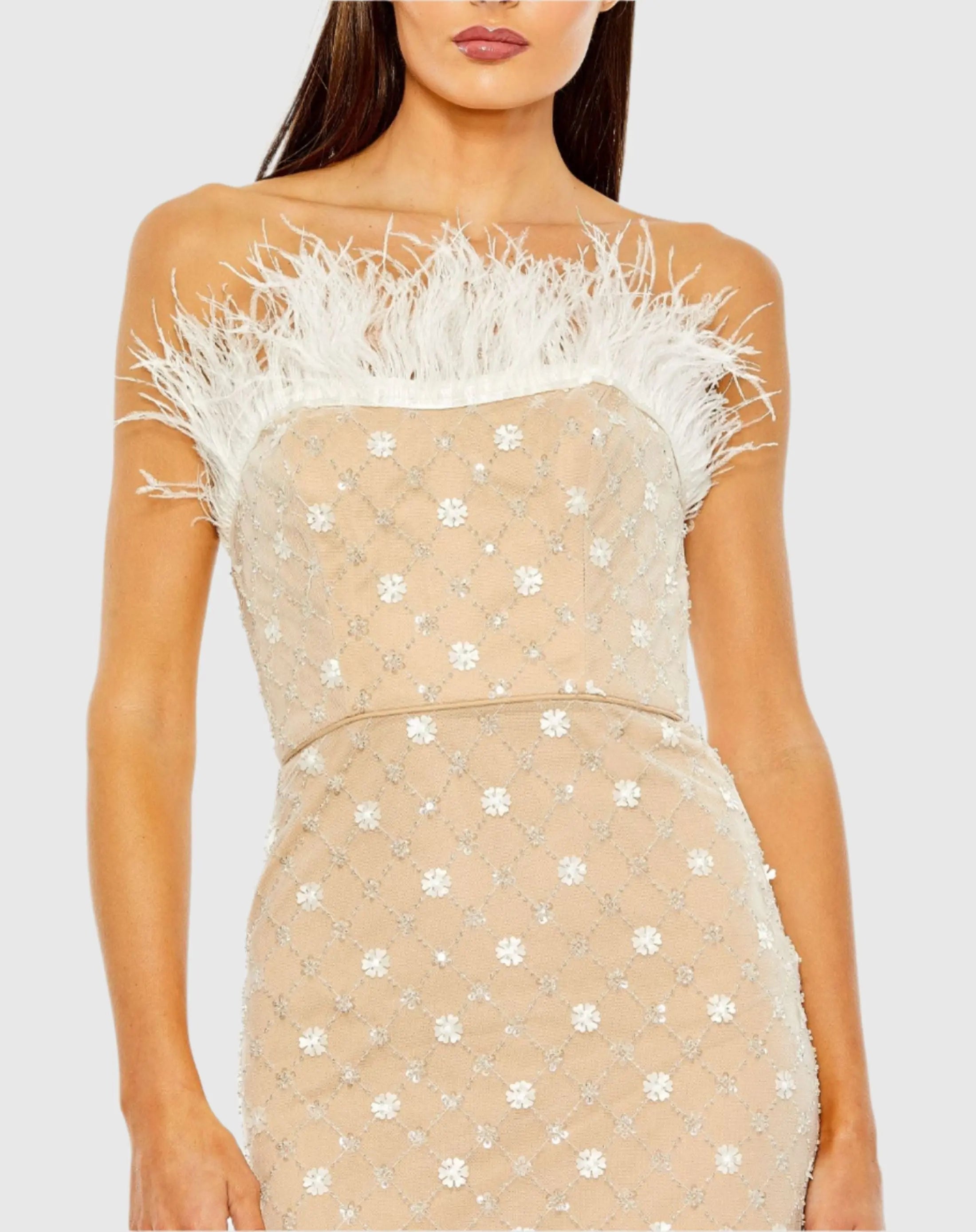 Beige Embellished Feather Strapless Column Dress-Myartka